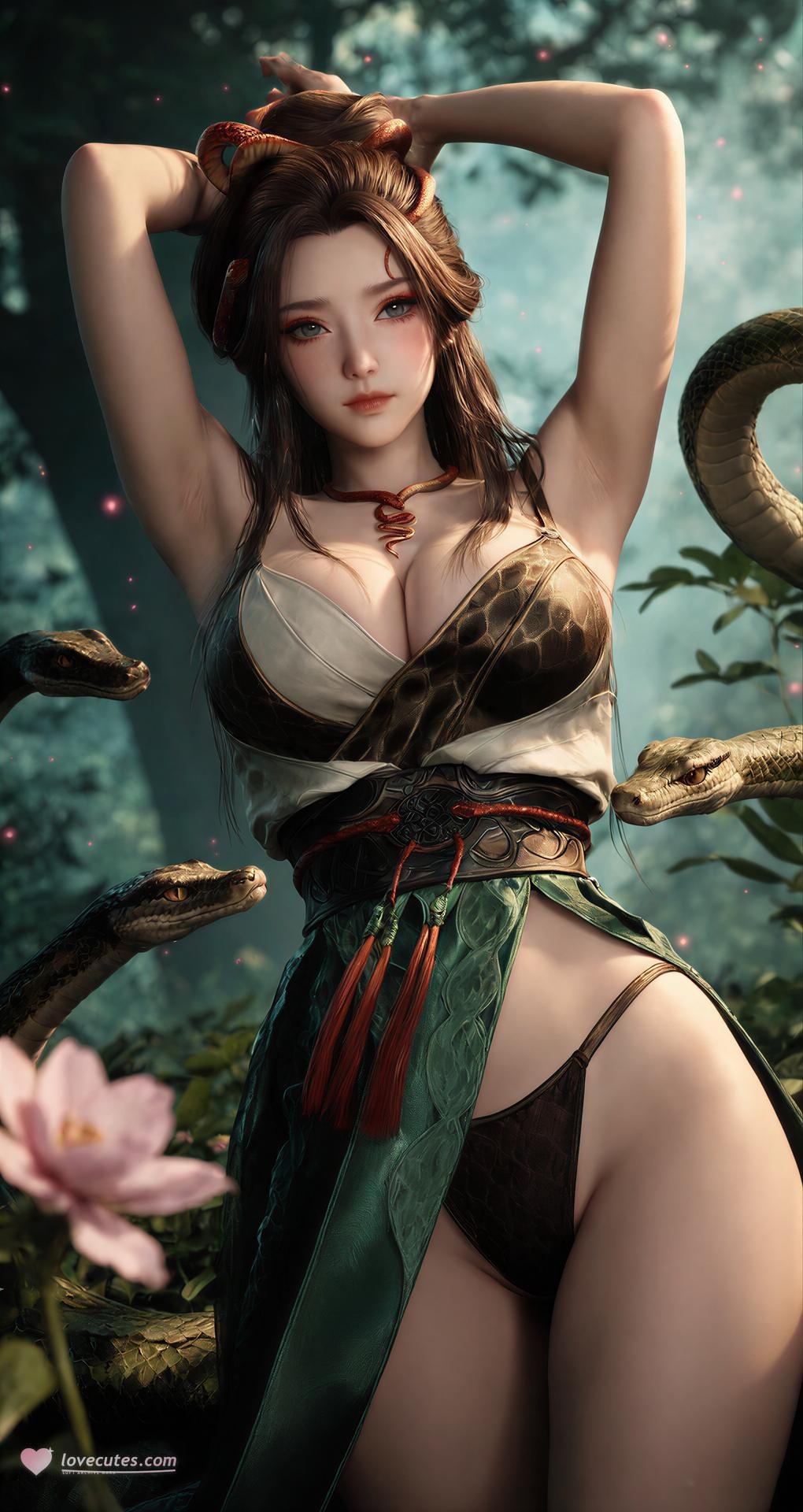 AI Porn - Long Jiaonan rừng cổ trang họa tiết rắn chi tiết người lớn bối cảnh rừng, cổ trang họa tiết rắn và chi tiết hở ngực bộ sưu tập AI 162P