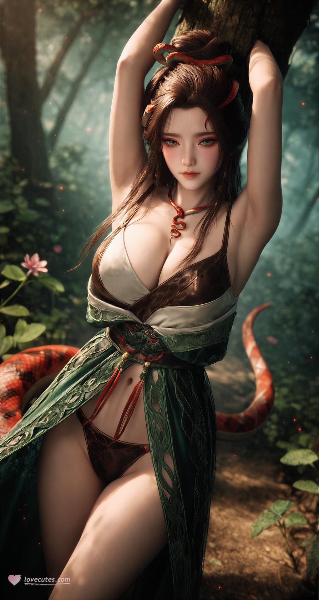 AI Porn - Long Jiaonan rừng cổ trang họa tiết rắn chi tiết người lớn bối cảnh rừng, cổ trang họa tiết rắn và chi tiết hở ngực bộ sưu tập AI 162P