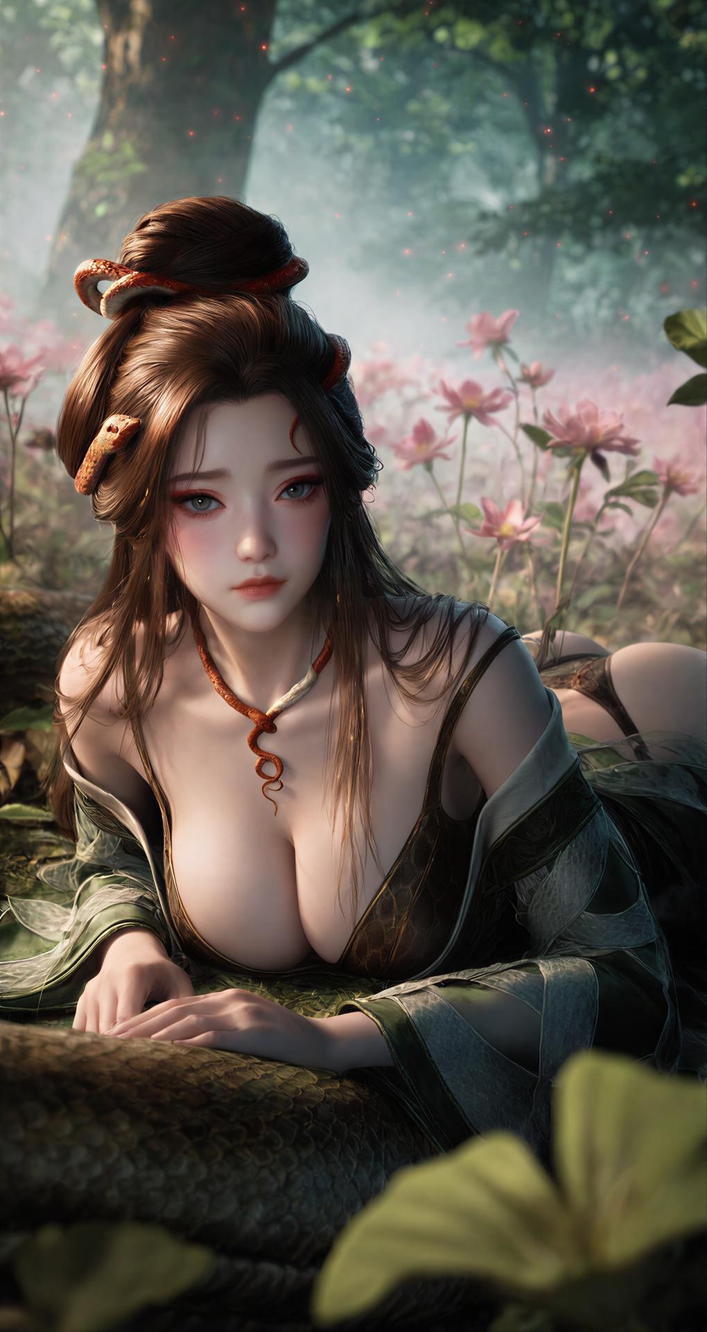 AI Porn - Long Jiaonan rừng cổ trang họa tiết rắn chi tiết người lớn bối cảnh rừng, cổ trang họa tiết rắn và chi tiết hở ngực bộ sưu tập AI 162P