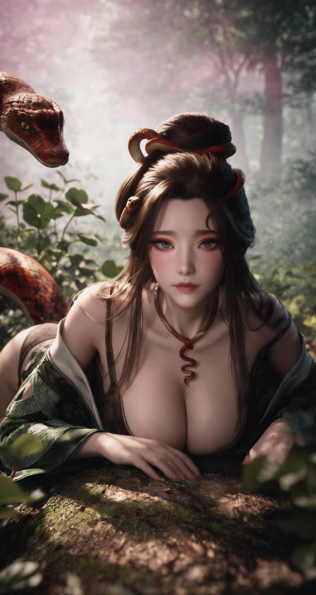 AI Porn - Long Jiaonan rừng cổ trang họa tiết rắn chi tiết người lớn bối cảnh rừng, cổ trang họa tiết rắn và chi tiết hở ngực bộ sưu tập AI 162P