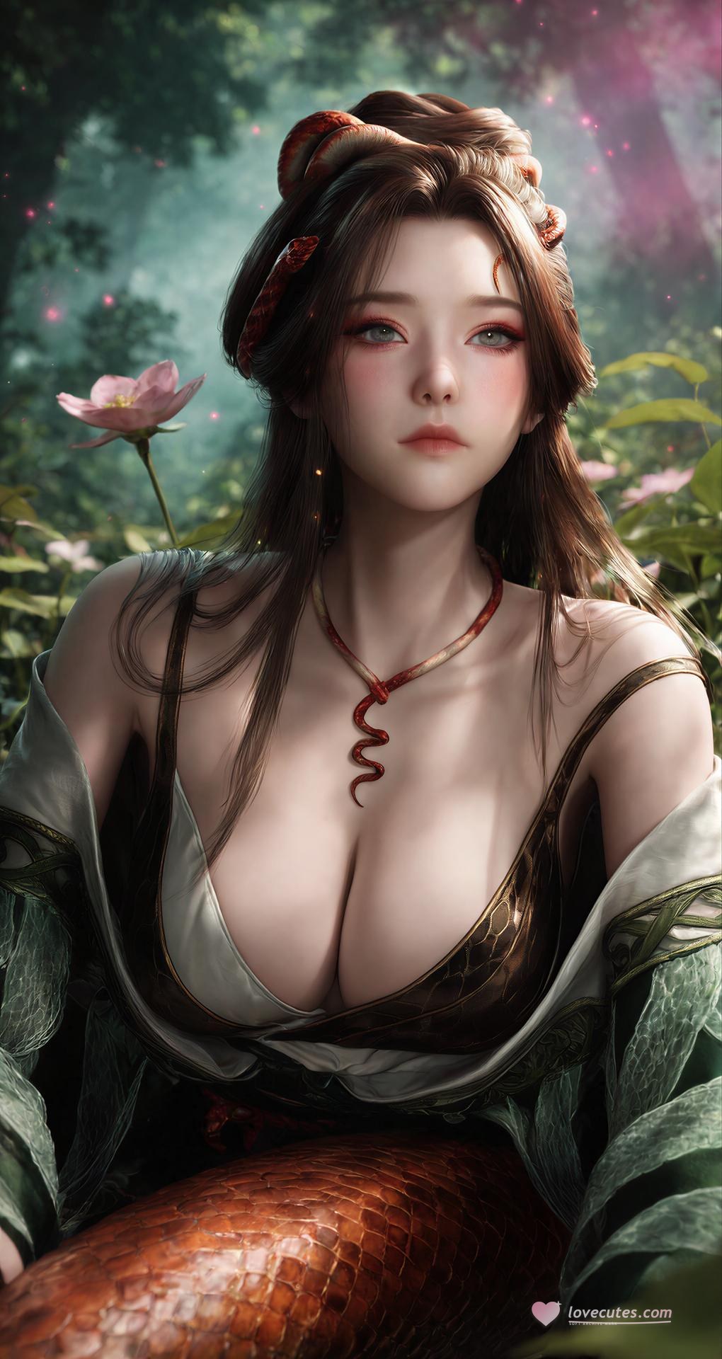 AI Porn - Long Jiaonan rừng cổ trang họa tiết rắn chi tiết người lớn bối cảnh rừng, cổ trang họa tiết rắn và chi tiết hở ngực bộ sưu tập AI 162P