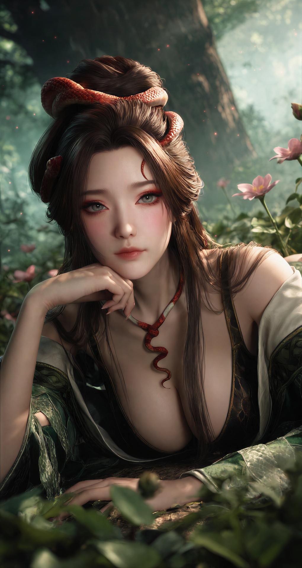 AI Porn - Long Jiaonan rừng cổ trang họa tiết rắn chi tiết người lớn bối cảnh rừng, cổ trang họa tiết rắn và chi tiết hở ngực bộ sưu tập AI 162P