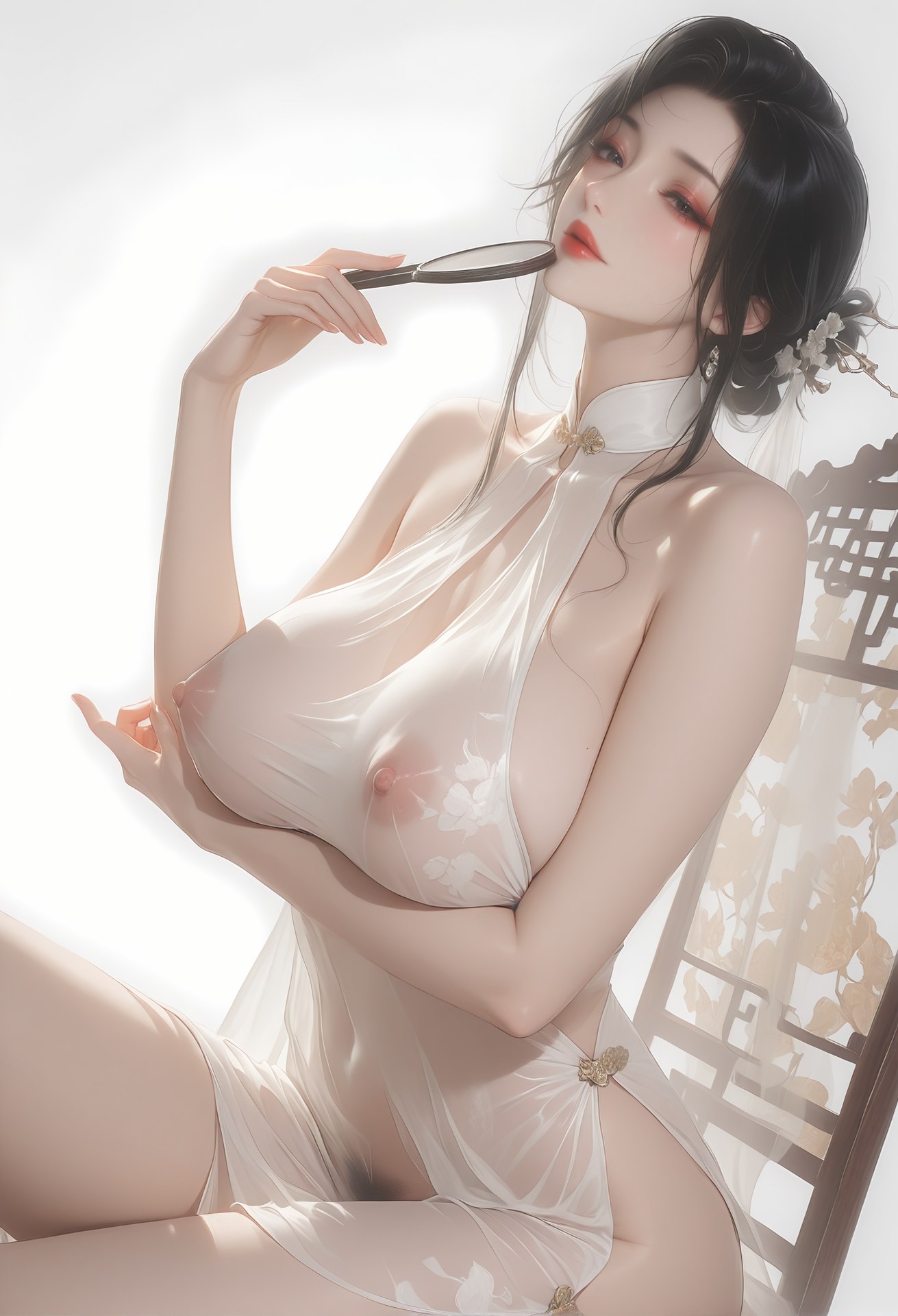AI Porn - 虞美人：白色透视旗袍露穴成人向圖集 96P