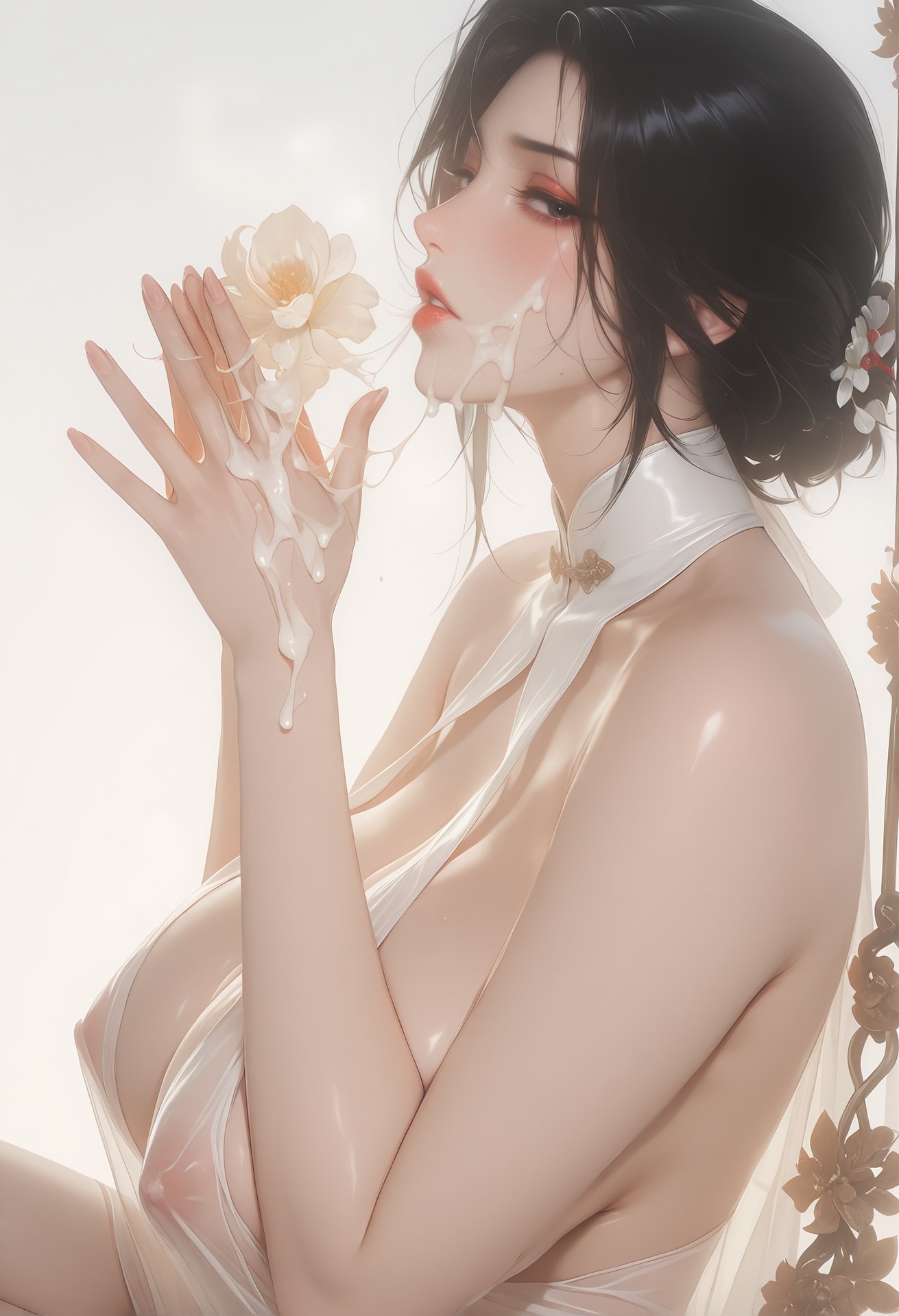 AI Porn - 우미인 흰 시스루 치파오 노출 누드 흰 시스루 치파오, 침실 포즈, 노출 누드 AI 이미지 갤러리 96P