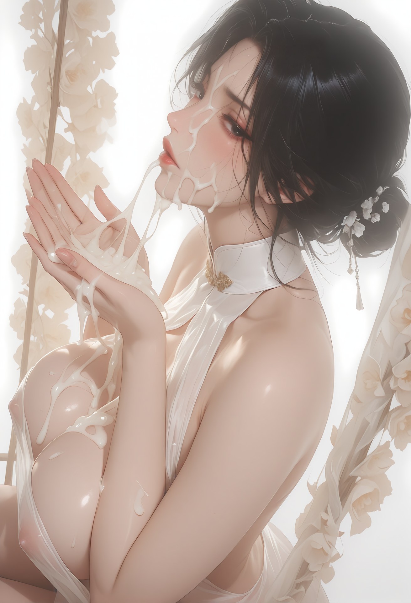 AI Porn - 우미인 흰 시스루 치파오 노출 누드 흰 시스루 치파오, 침실 포즈, 노출 누드 AI 이미지 갤러리 96P
