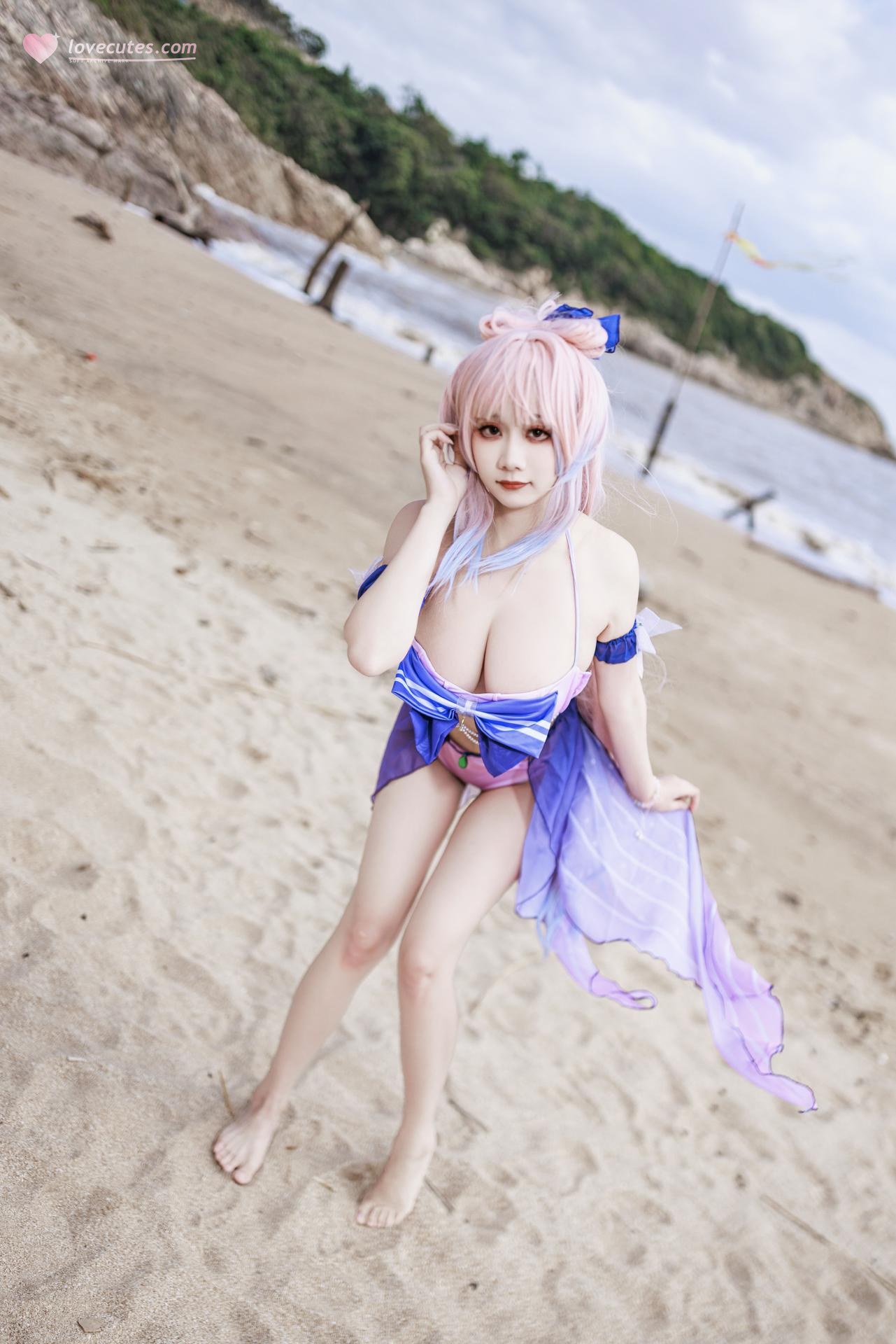 [cosplay] 阿雪雪 - 原神 珊瑚宫心海：原神 珊瑚宫心海 泳装角色還原美腿 56P