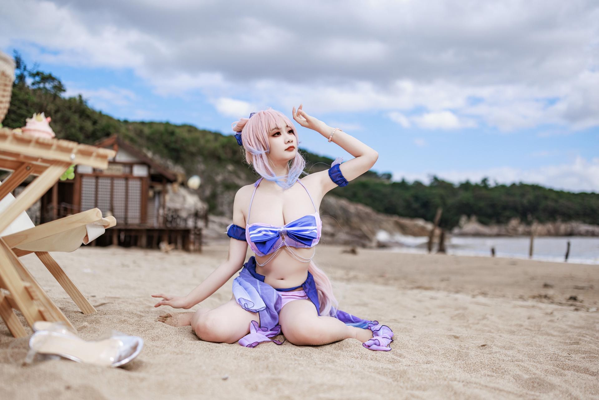 [cosplay] 阿雪雪 - 原神 珊瑚宫心海：原神 珊瑚宫心海 泳装角色還原美腿 56P