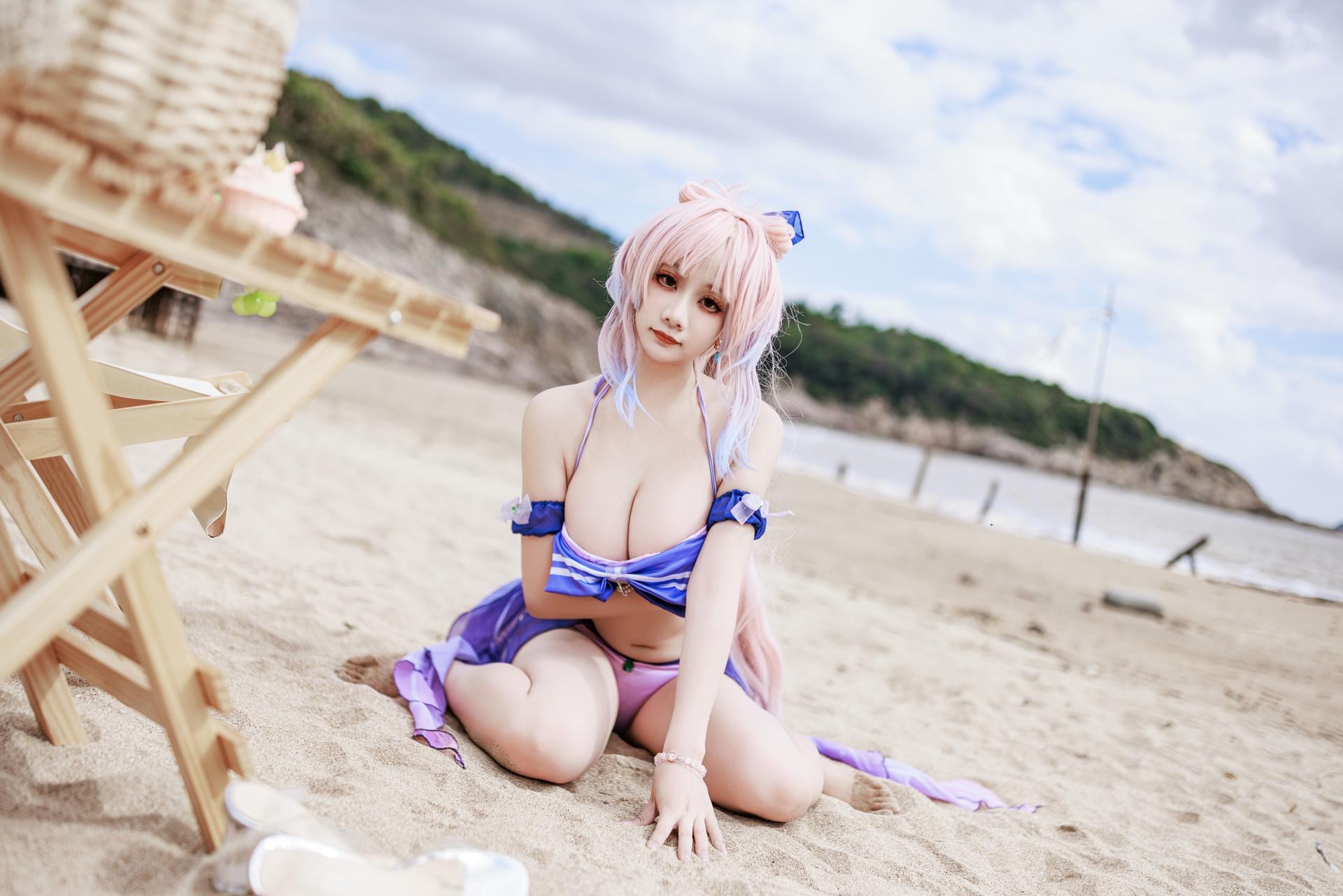 [cosplay] 阿雪雪 - 原神 珊瑚宫心海：原神 珊瑚宫心海 泳装角色還原美腿 56P
