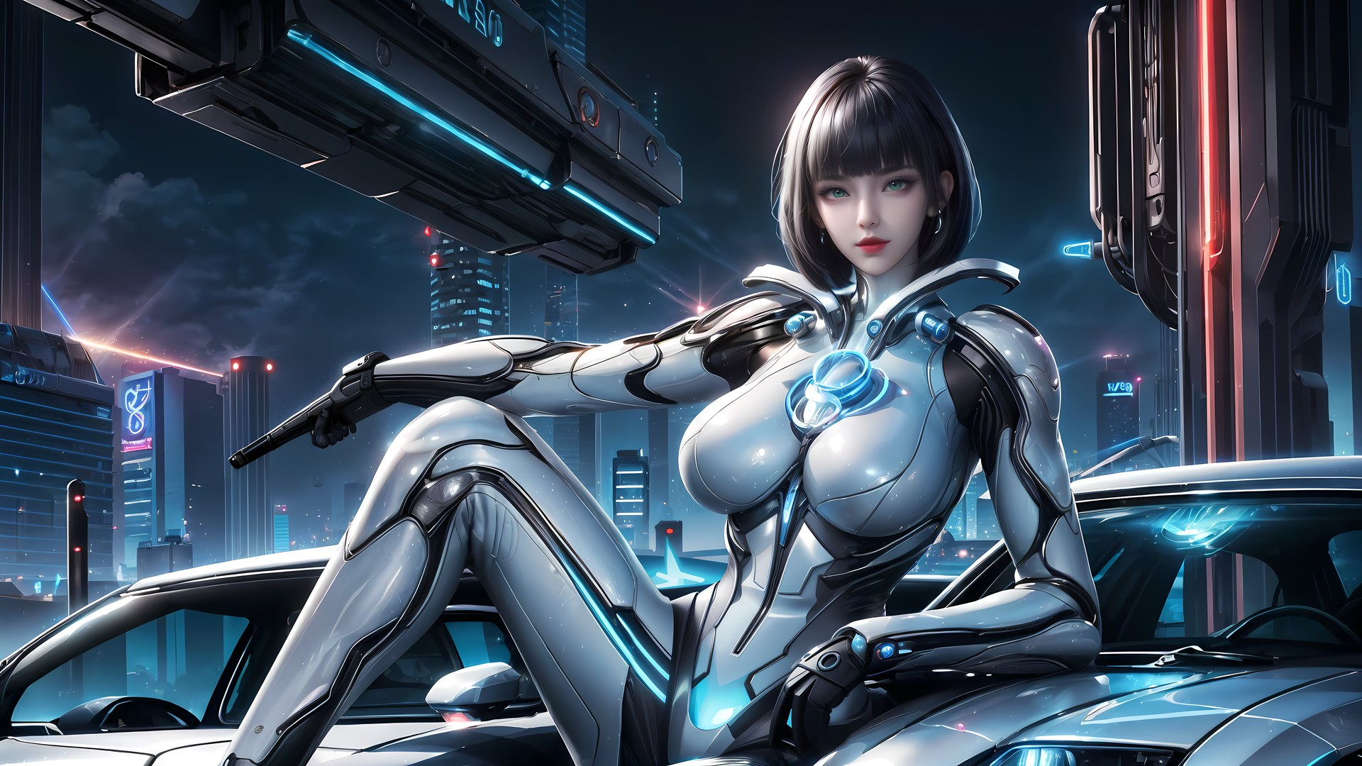 AI Generated Anime Girl - 姬青：機甲緊身衣城市夜景圖集 77P