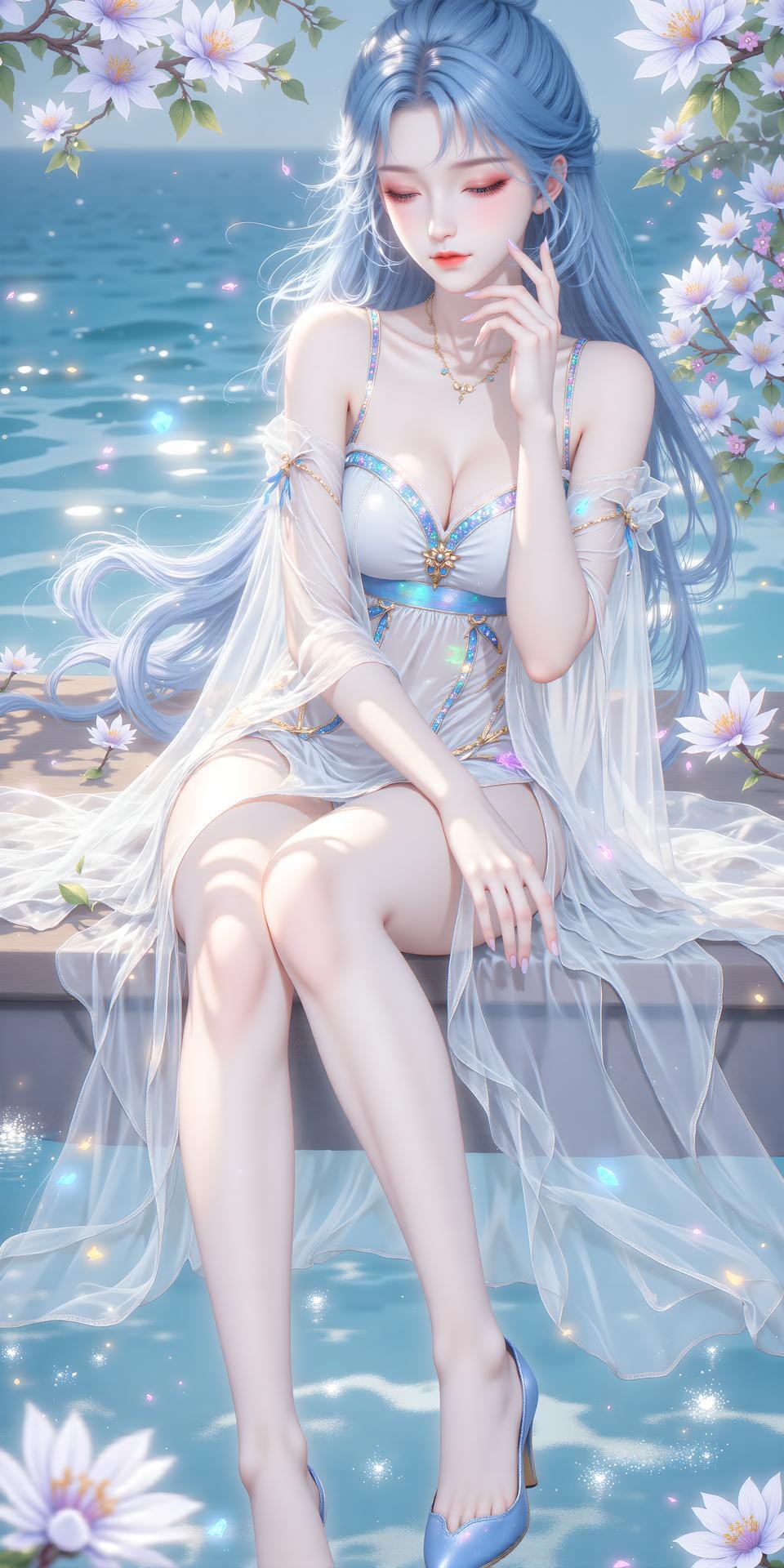 AI Generated Anime Girl - 絶世唐門 唐舞桐 白ドレス水辺画像集 24P