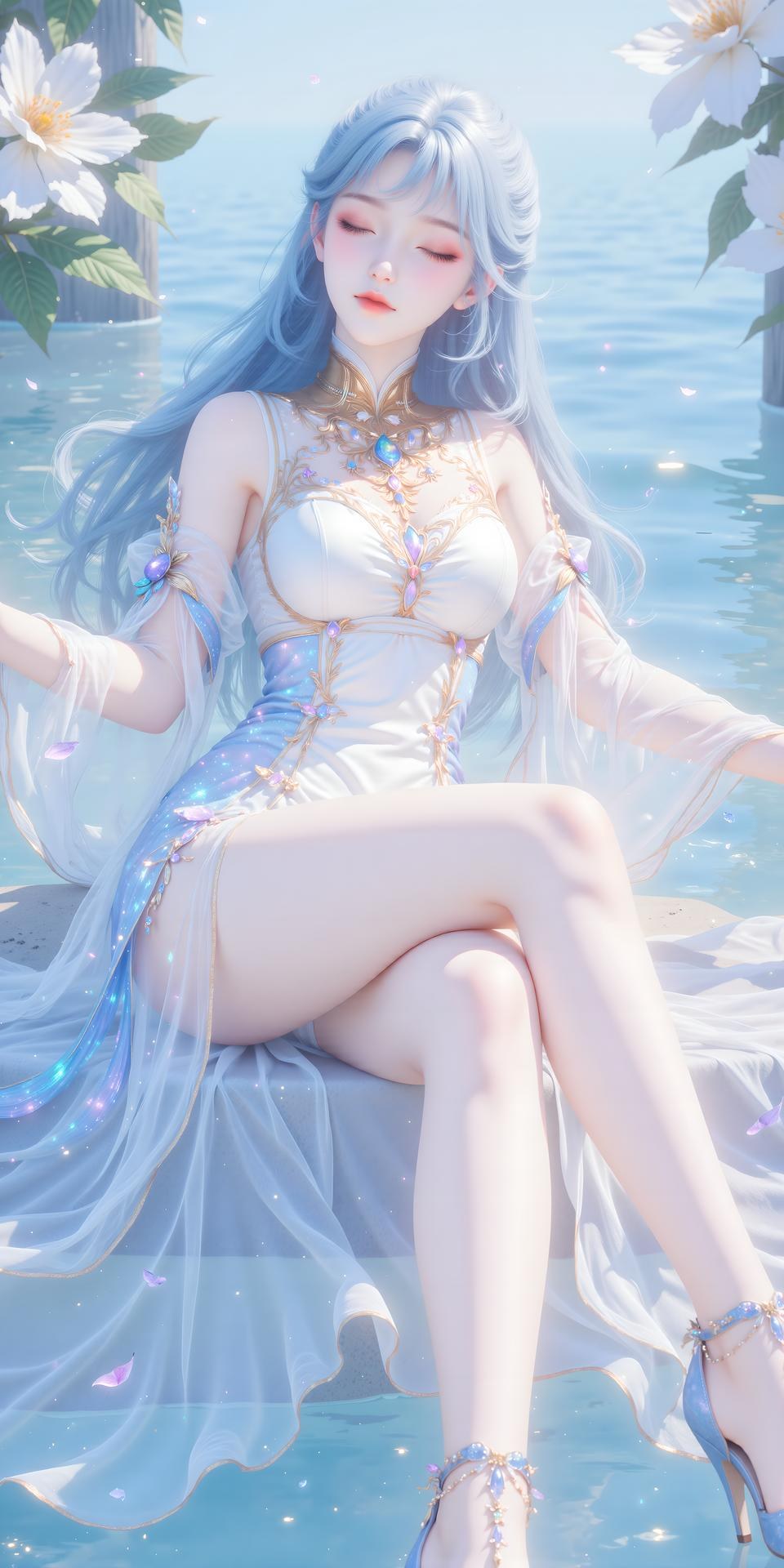 AI Generated Anime Girl - Tang Wutong váy trắng bên nước 24P