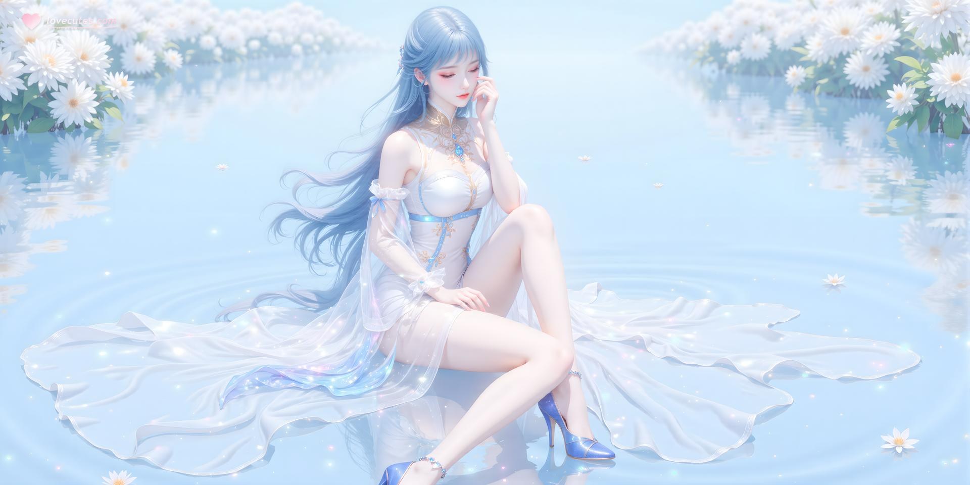 AI Generated Anime Girl - Tang Wutong váy trắng bên nước 24P