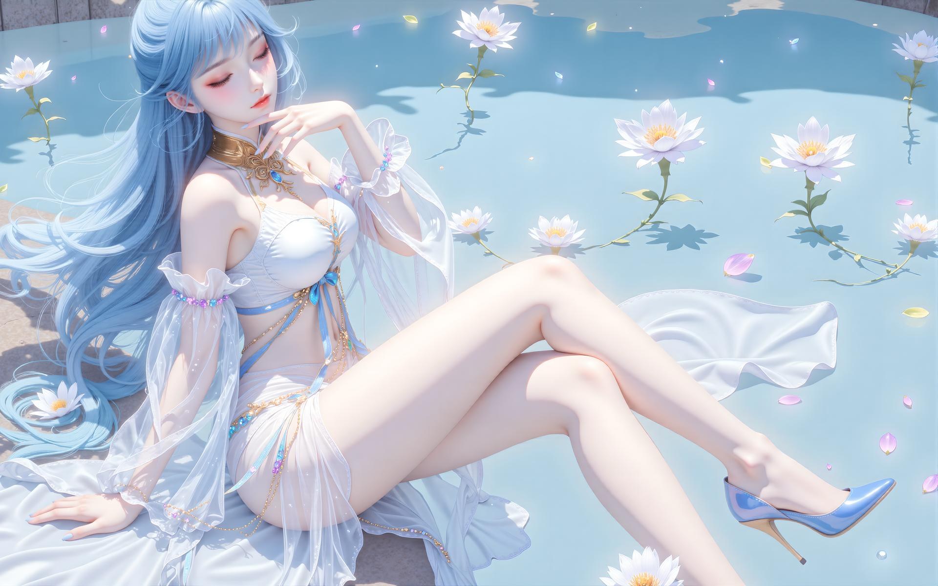 AI Generated Anime Girl - Tang Wutong váy trắng bên nước 24P