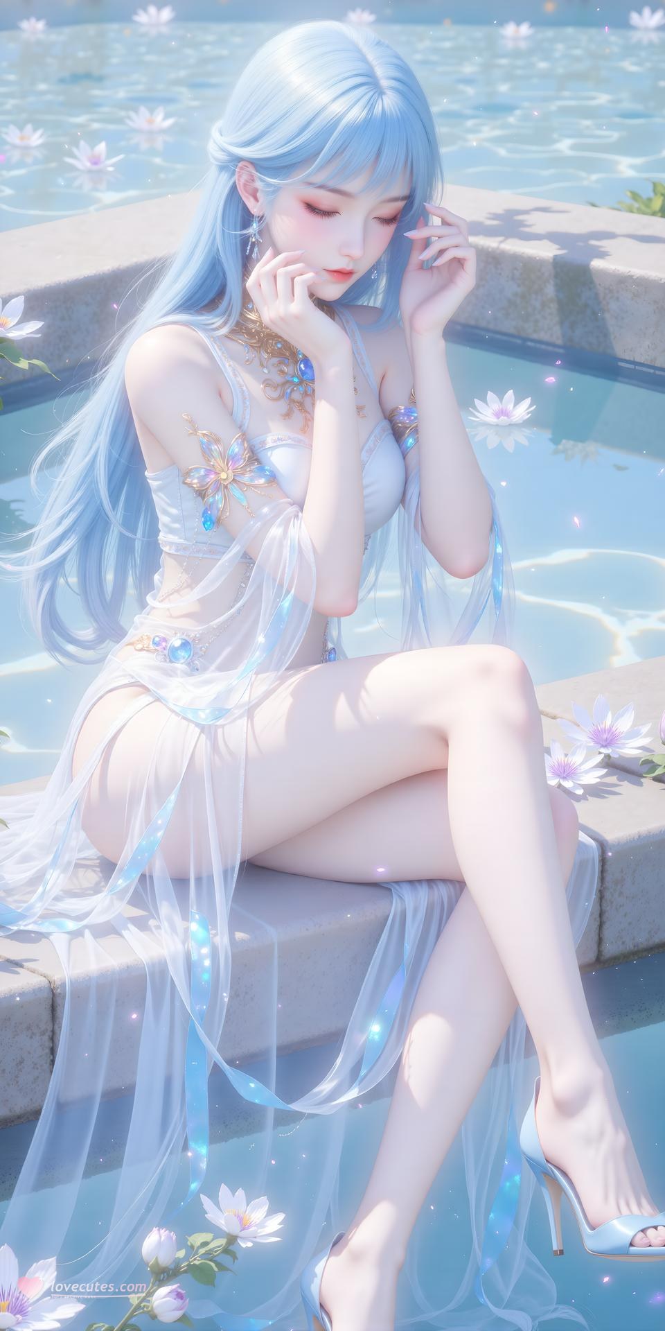 AI Generated Anime Girl - Tang Wutong váy trắng bên nước 24P