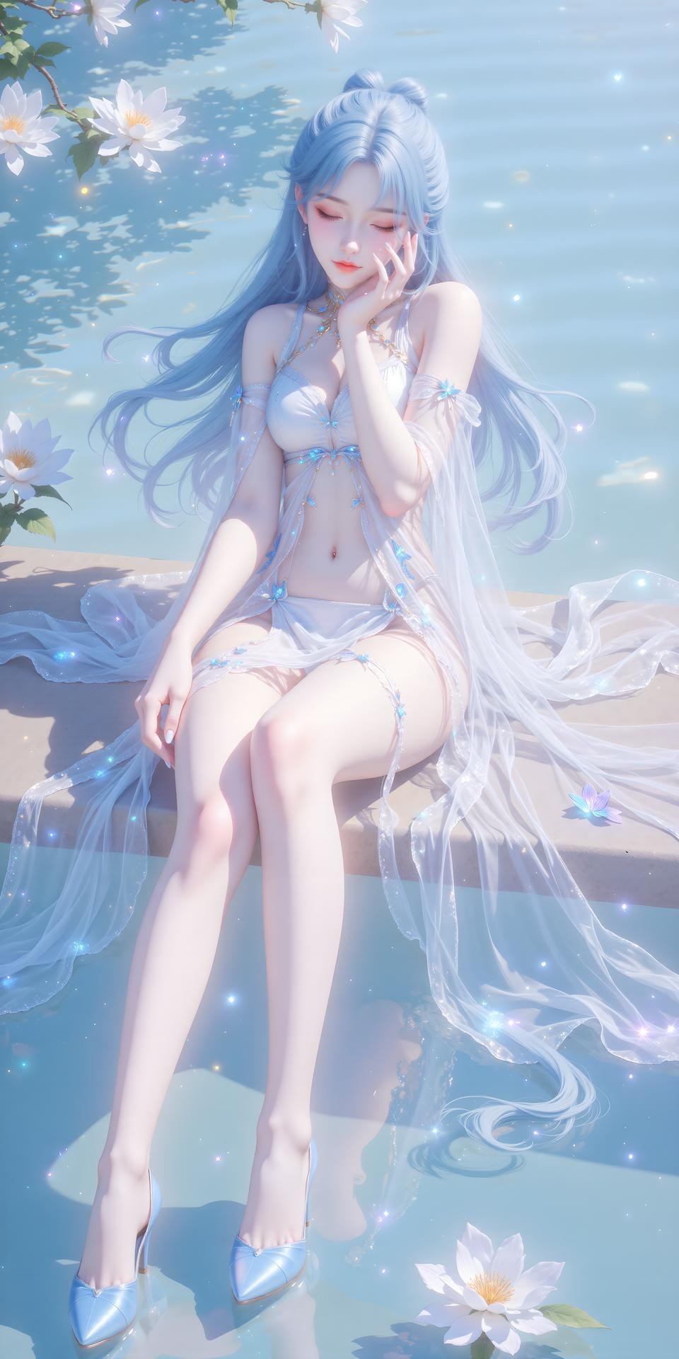 AI Generated Anime Girl - Tang Wutong váy trắng bên nước 24P