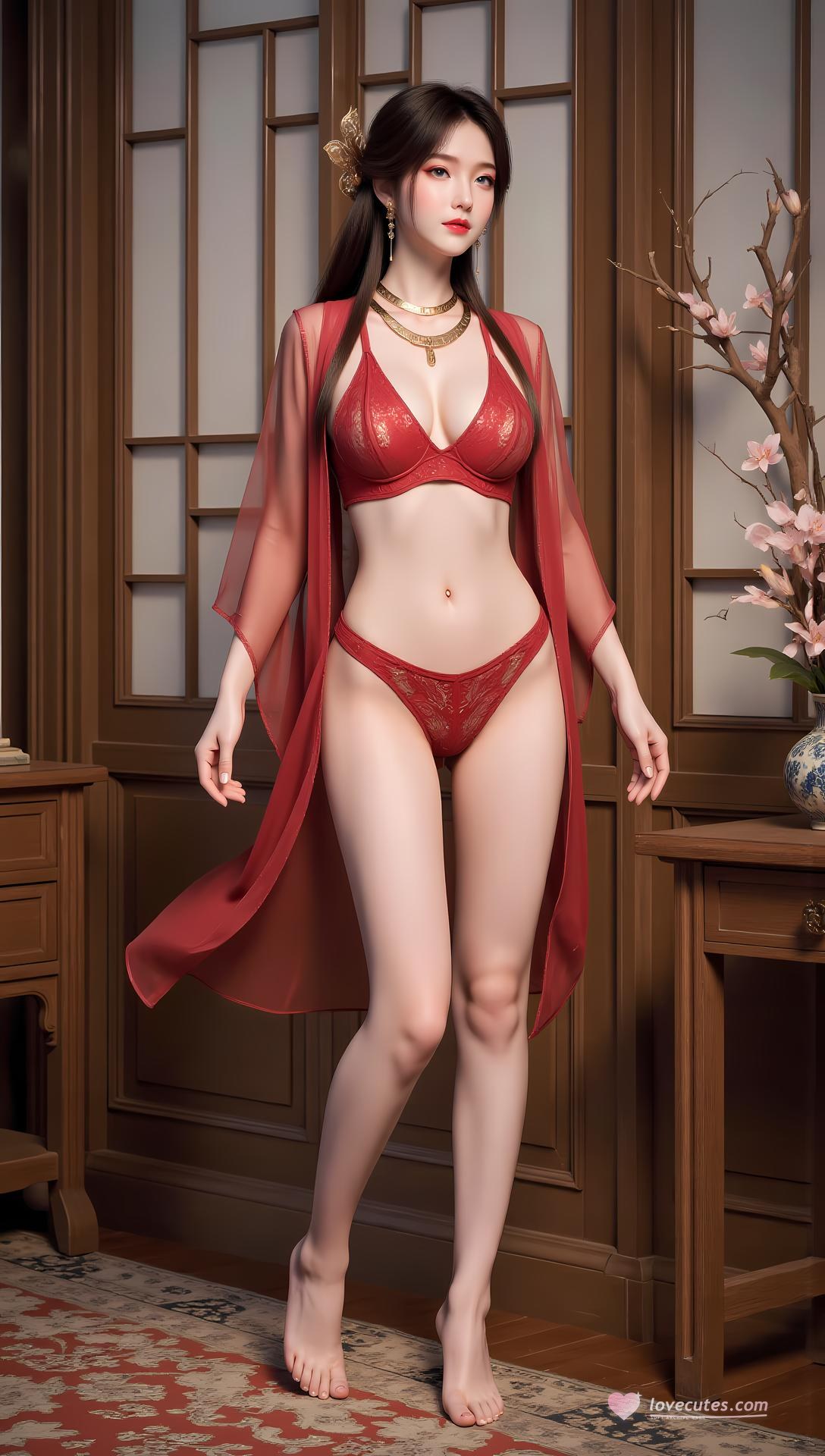 AI Generated Anime Girl - 梅凝 赤紫ランジェリー水着画像集 83P