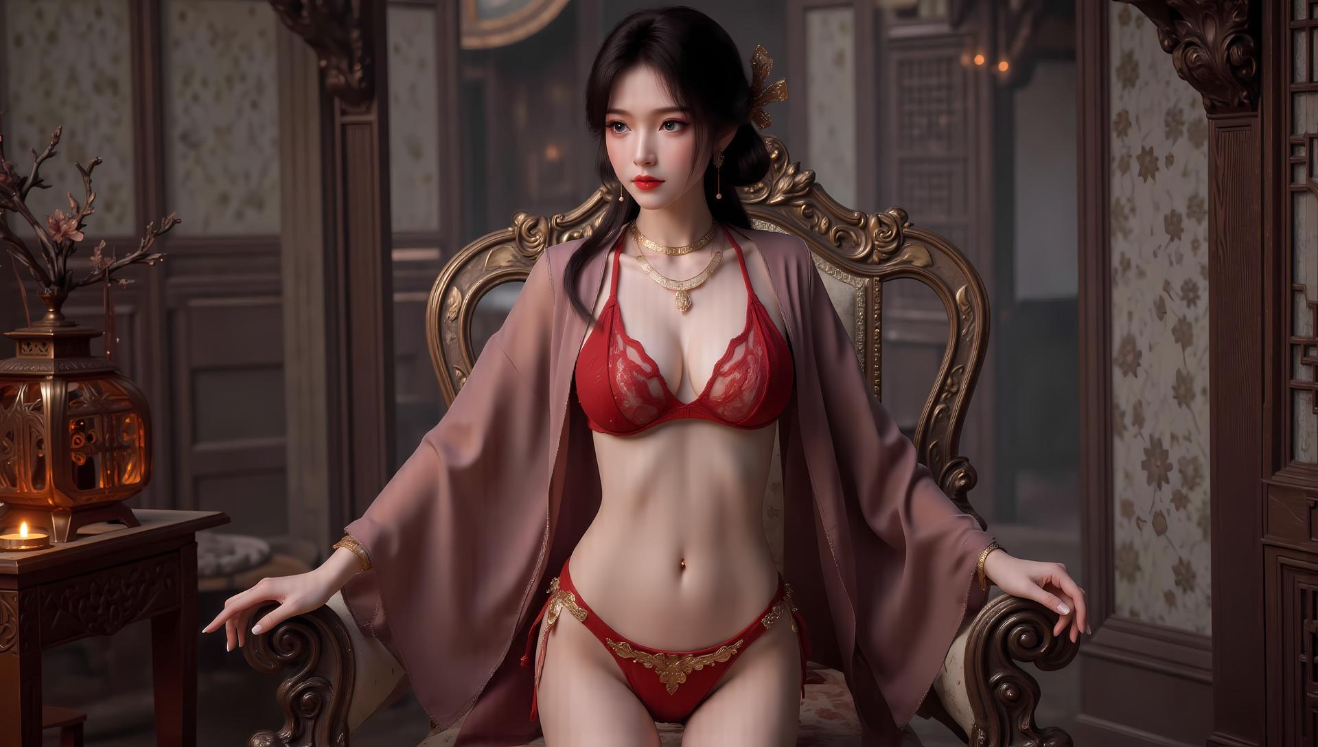 AI Generated Anime Girl - Mei Ning nội y ren đỏ tím áo tắm 83P