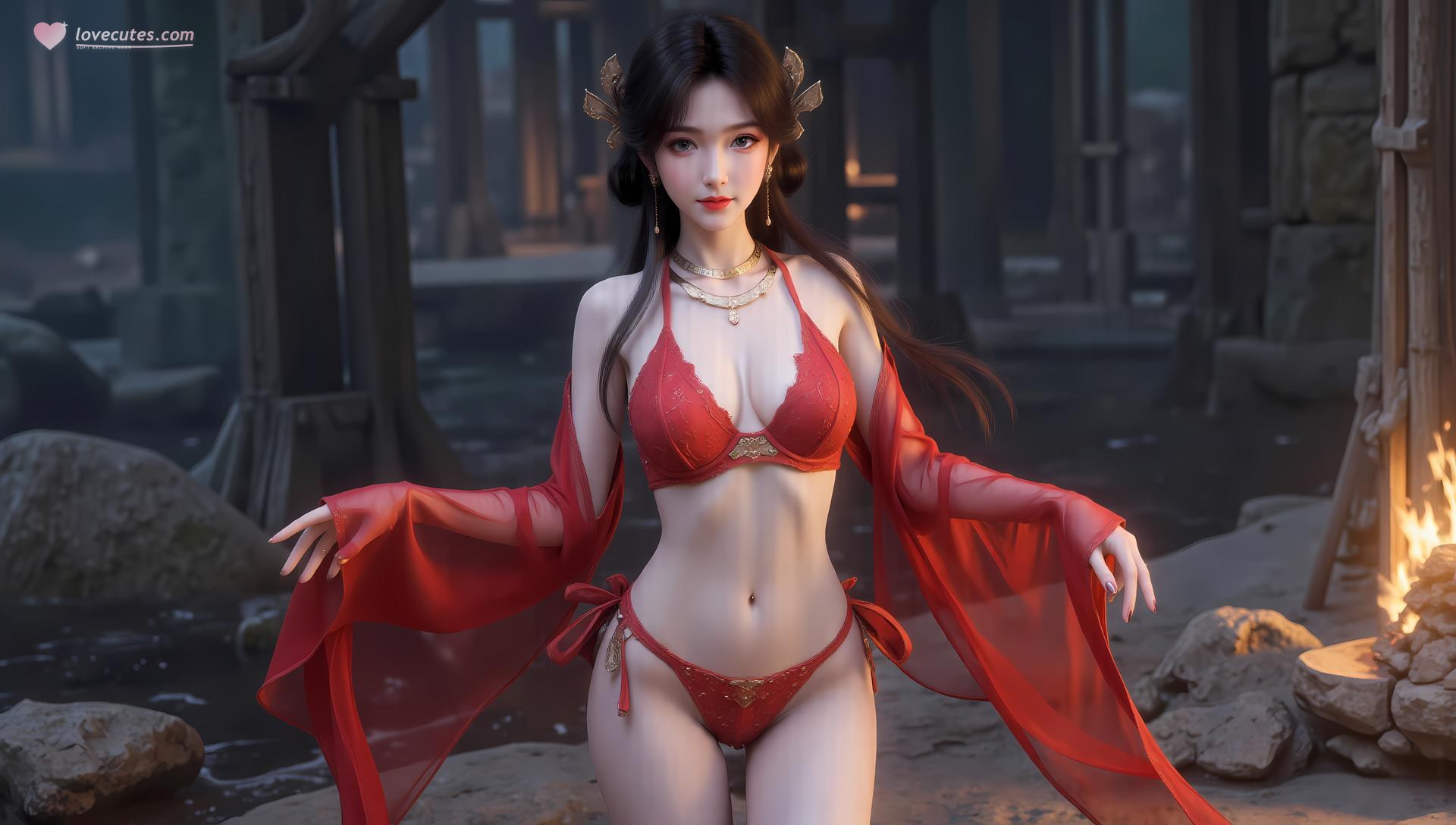 AI Generated Anime Girl - 梅凝：红紫蕾丝内衣泳装写真 83P