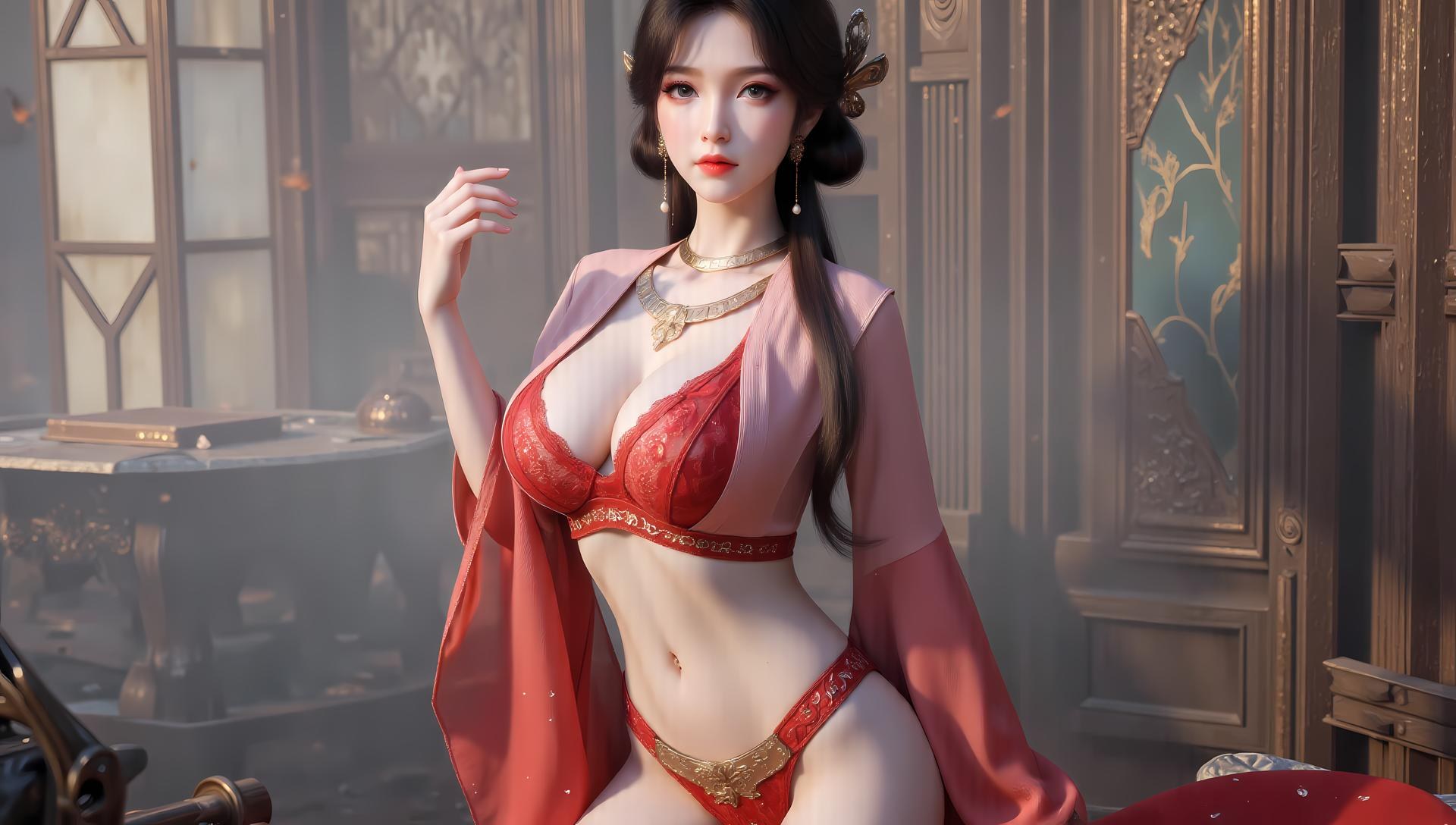 AI Generated Anime Girl - 梅凝：红紫蕾丝内衣泳装写真 83P