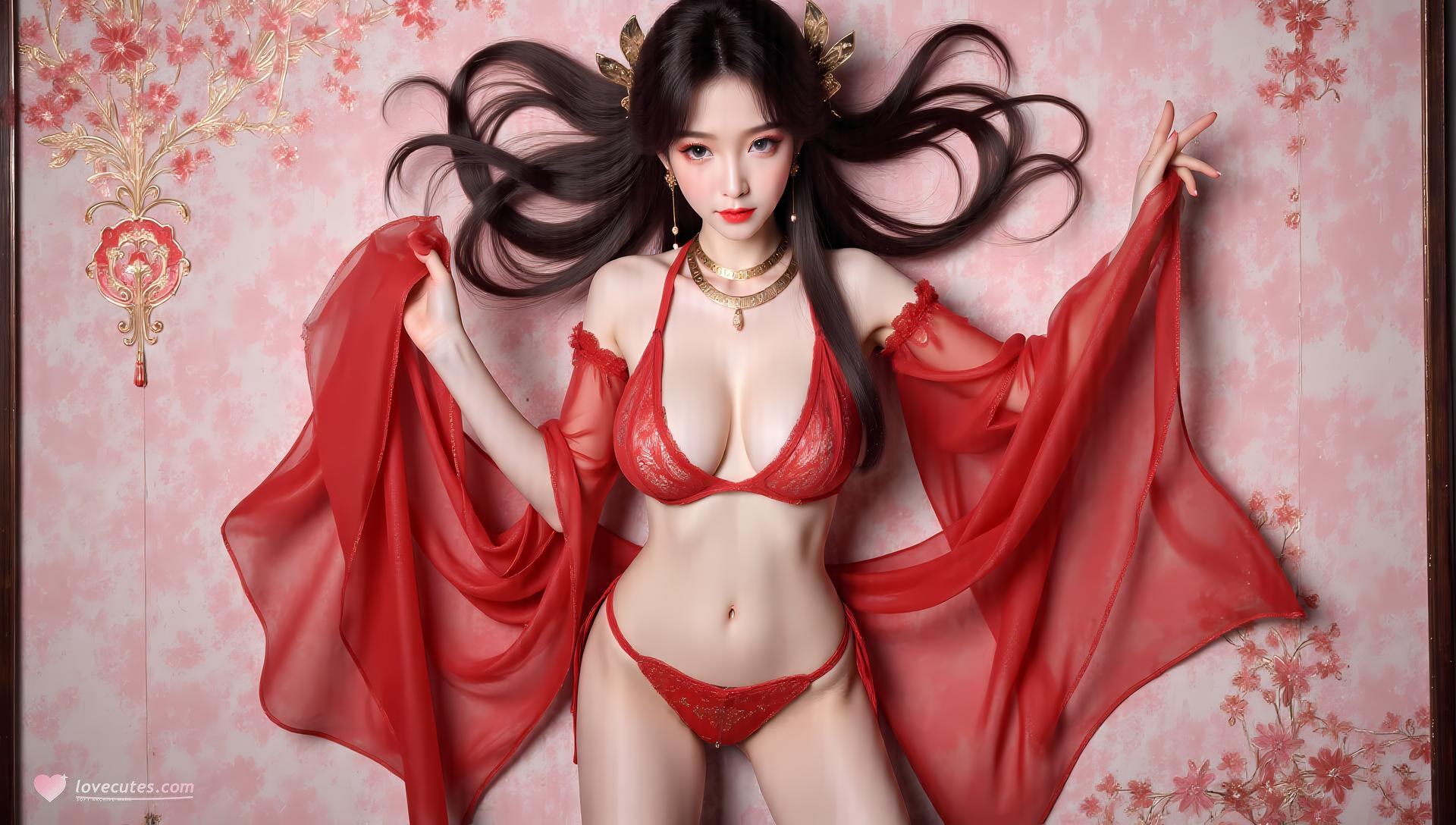 AI Generated Anime Girl - Mei Ning nội y ren đỏ tím áo tắm 83P