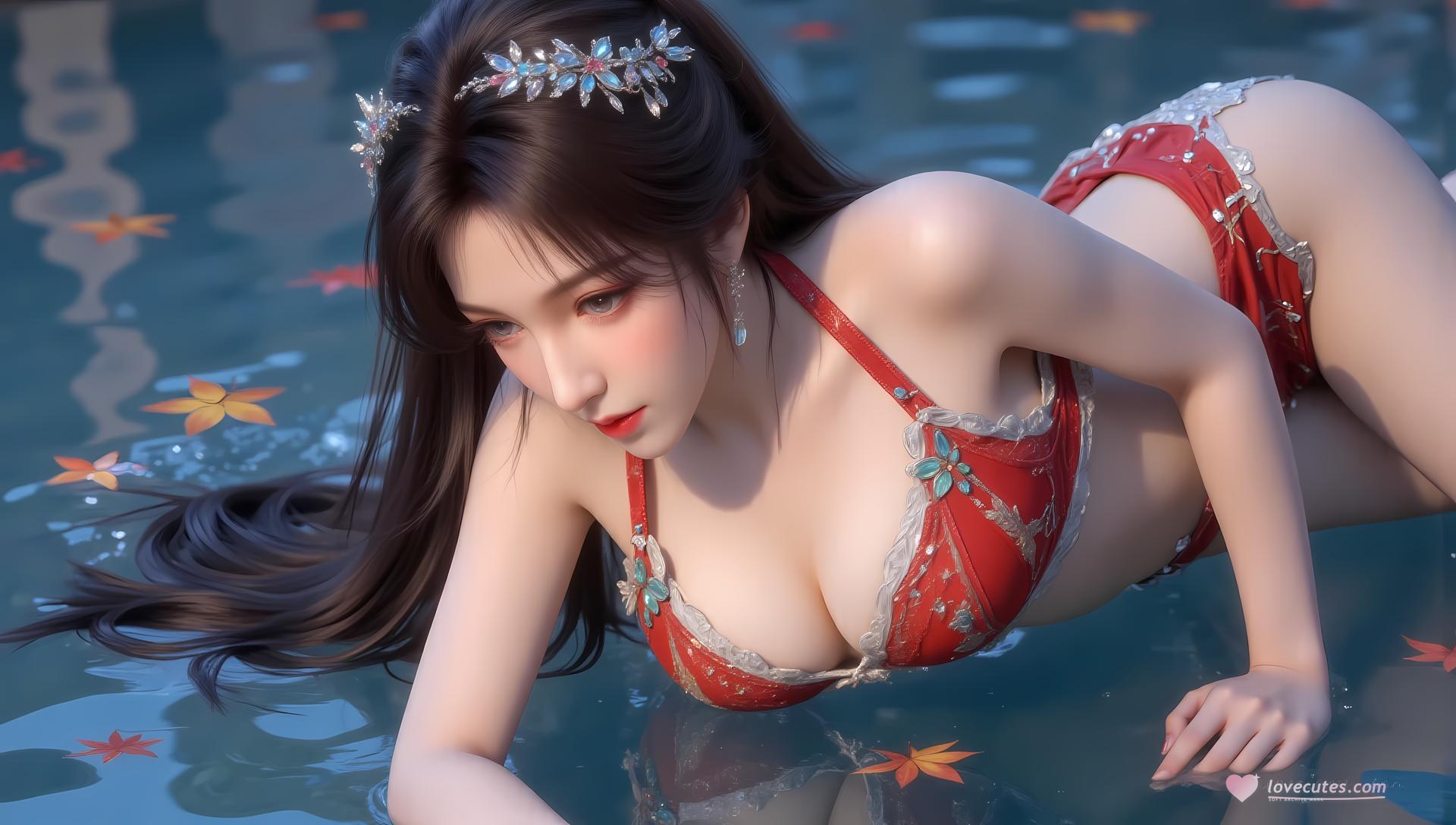 AI Generated Anime Girl - Mei Ning Red Purple Lingerie Swimsuit Gallery 83P