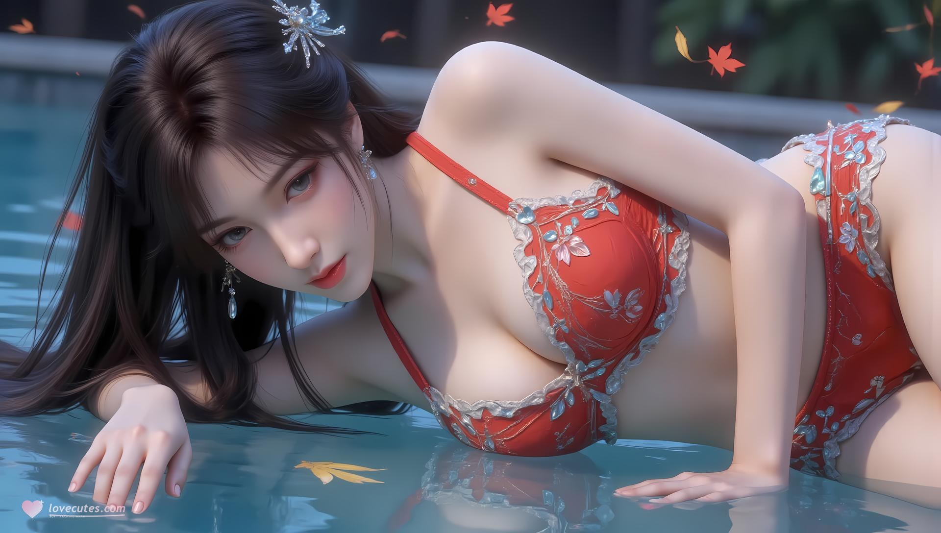 AI Generated Anime Girl - Mei Ning Red Purple Lingerie Swimsuit Gallery 83P