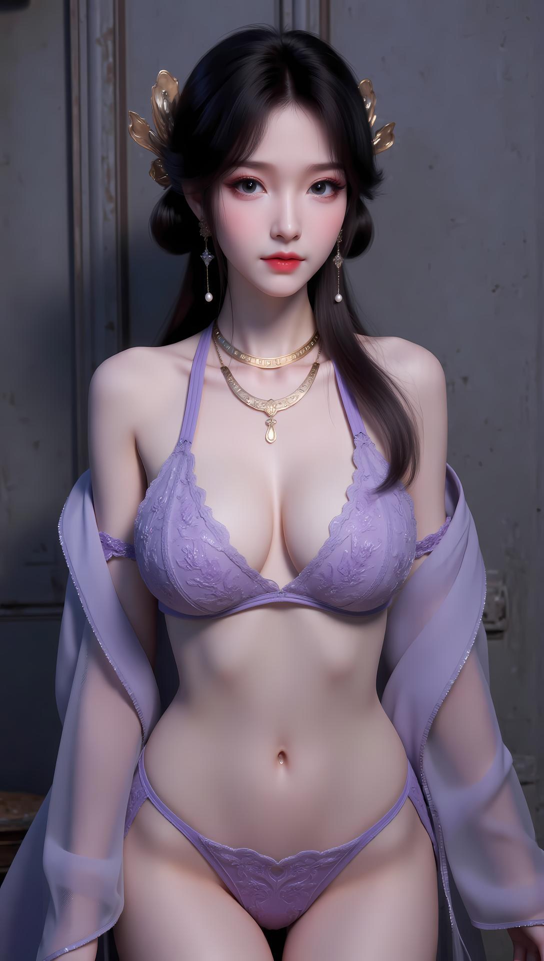 AI Generated Anime Girl - Mei Ning Red Purple Lingerie Swimsuit Gallery 83P