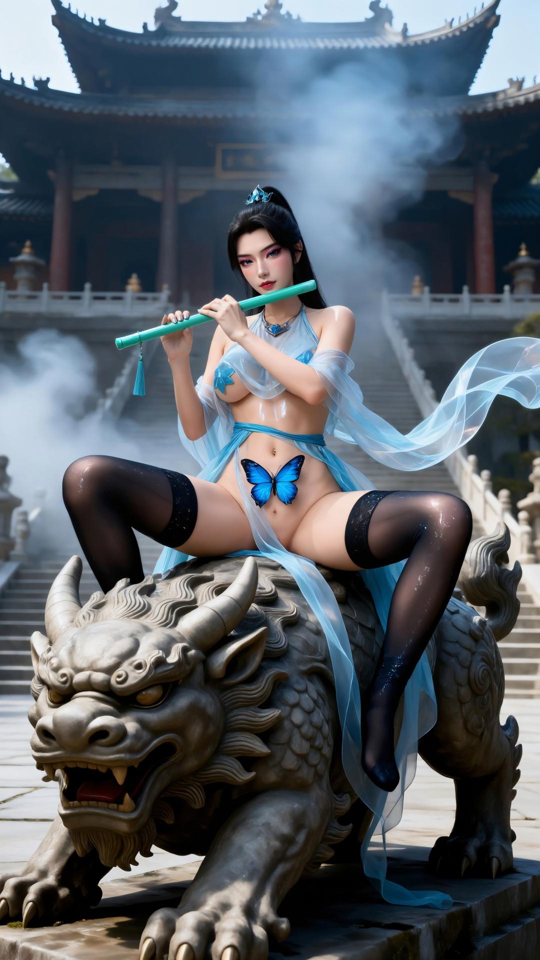 AI Generated Anime Girl - Qing Xianzi Blue Veil Black Stockings 59P
