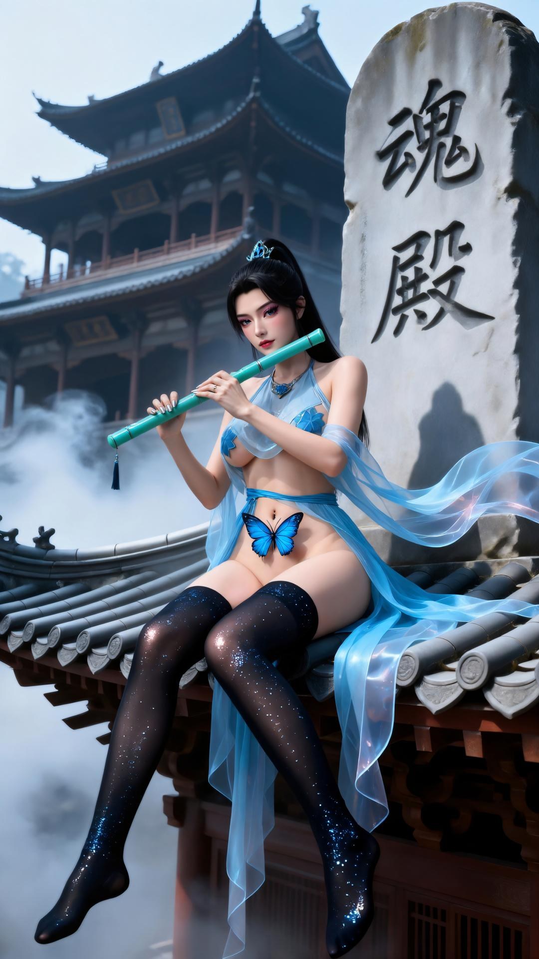 AI Generated Anime Girl - Qing Xianzi Blue Veil Black Stockings 59P