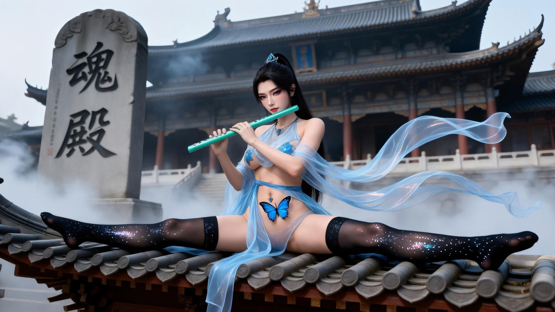AI Generated Anime Girl - Qing Xianzi Blue Veil Black Stockings 59P