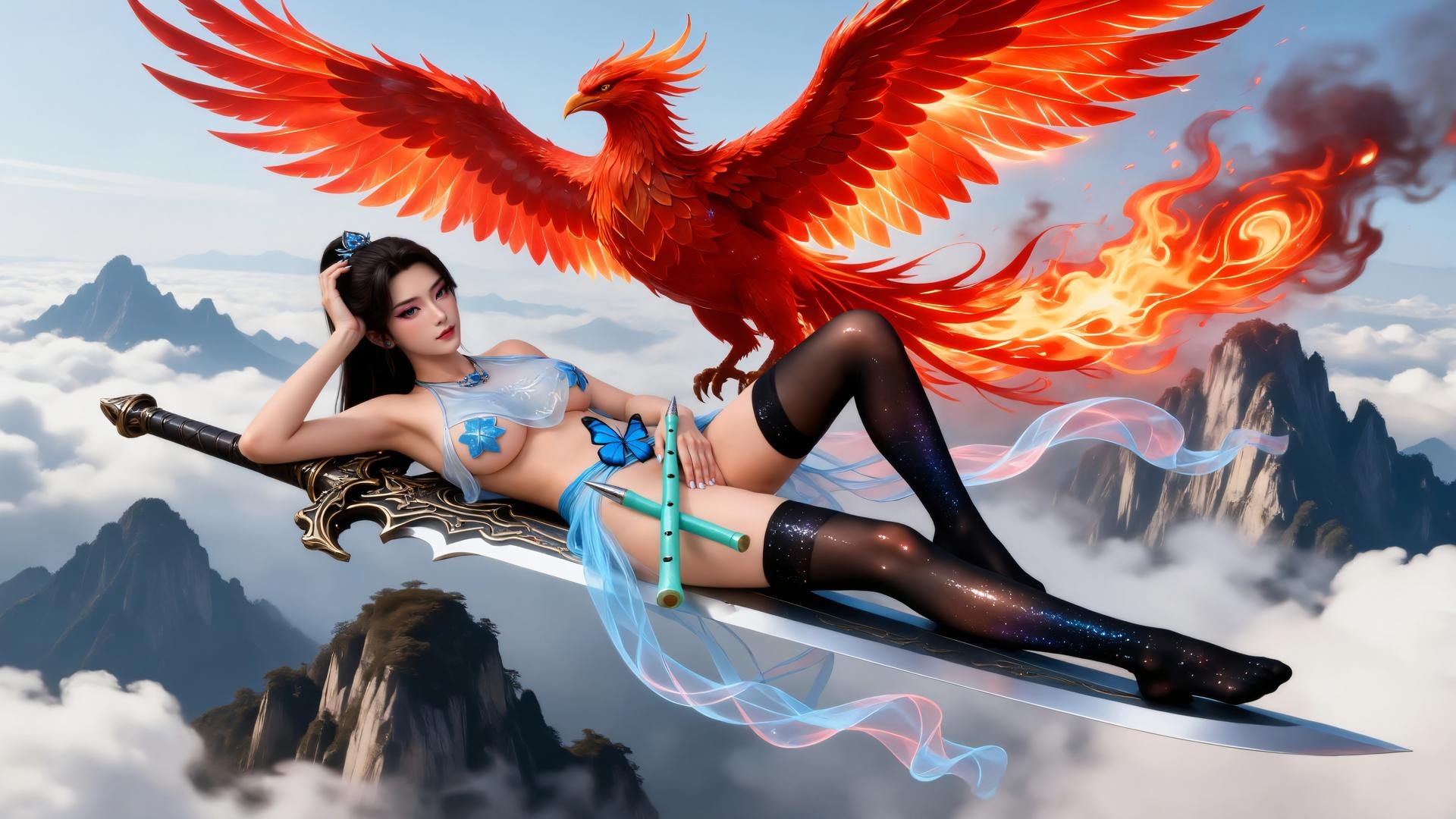 AI Generated Anime Girl - Qing Xianzi Blue Veil Black Stockings 59P