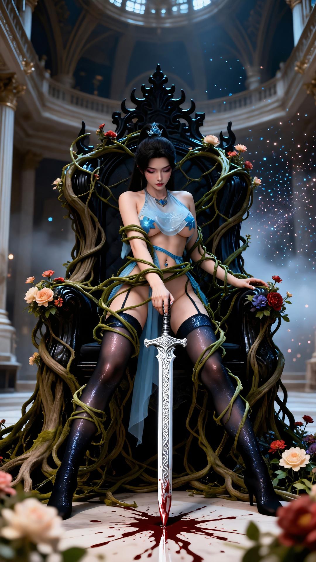 AI Generated Anime Girl - Qing Xianzi Blue Veil Black Stockings 59P