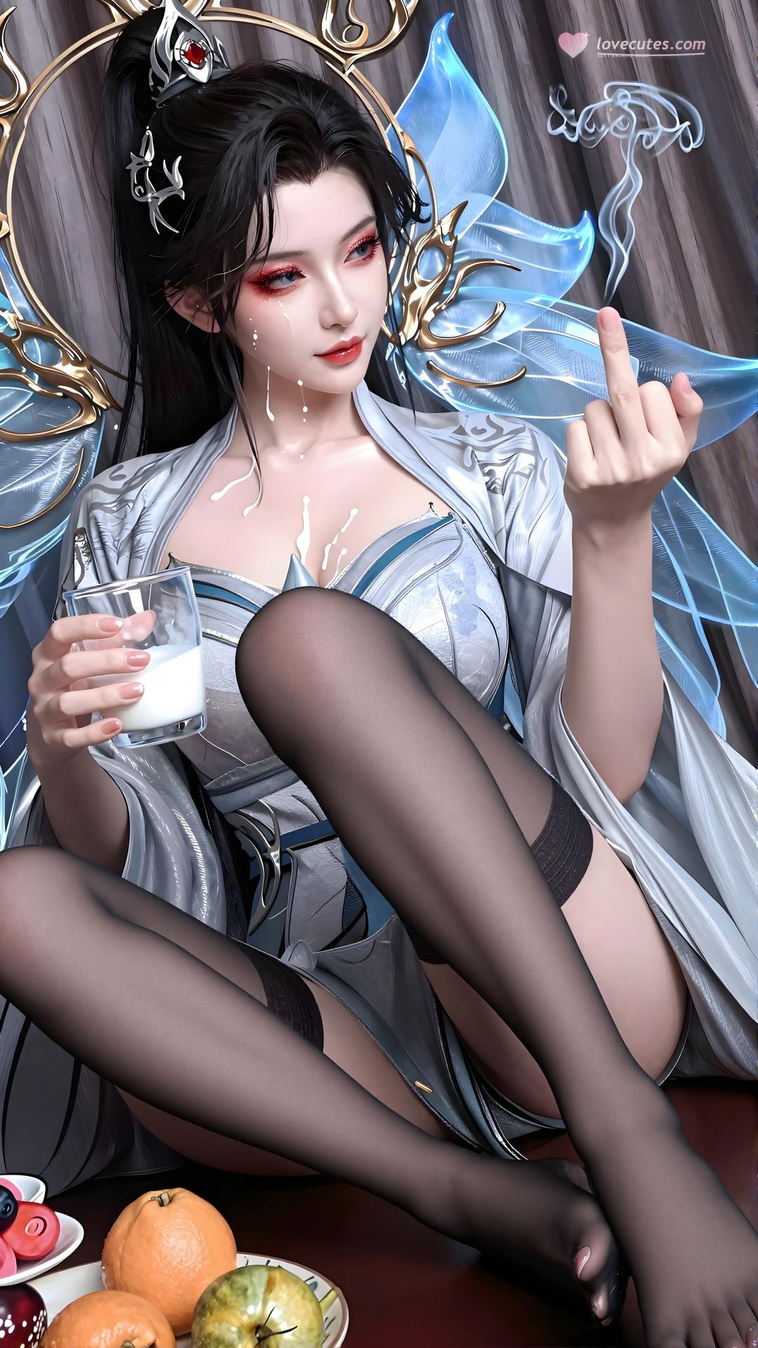 AI Generated Anime Girl - Qing Xianzi Blue Veil Black Stockings 59P