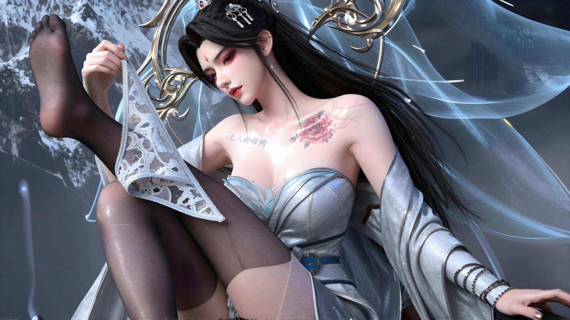 AI Generated Anime Girl - Qing Xianzi Blue Veil Black Stockings 59P