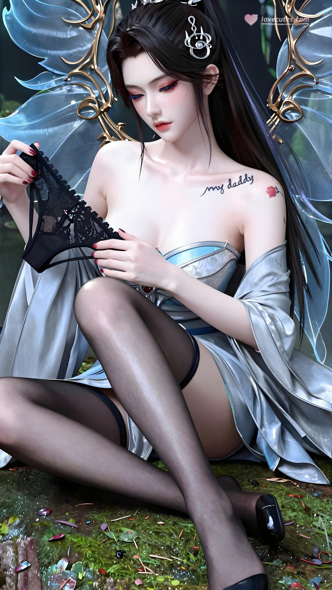 AI Generated Anime Girl - Qing Xianzi Blue Veil Black Stockings 59P