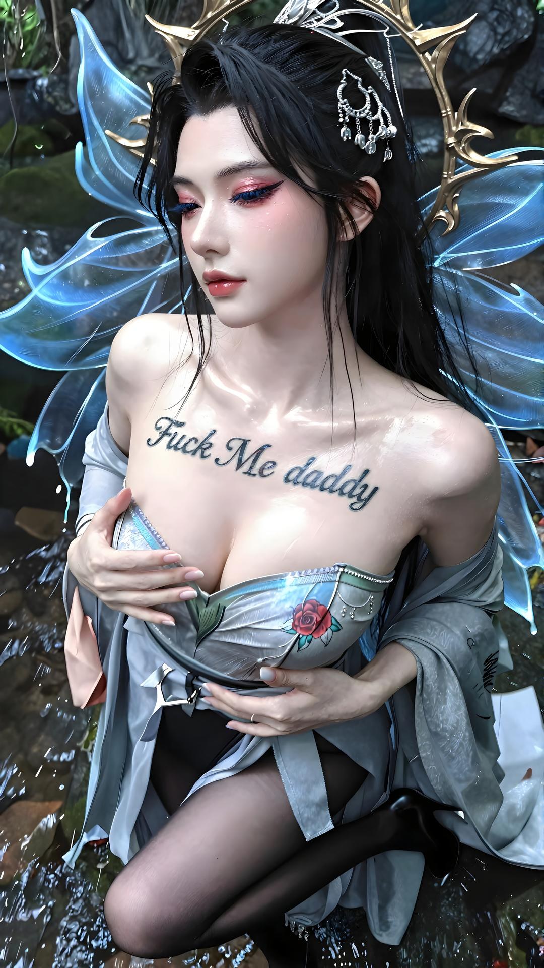 AI Generated Anime Girl - Qing Xianzi Blue Veil Black Stockings 59P