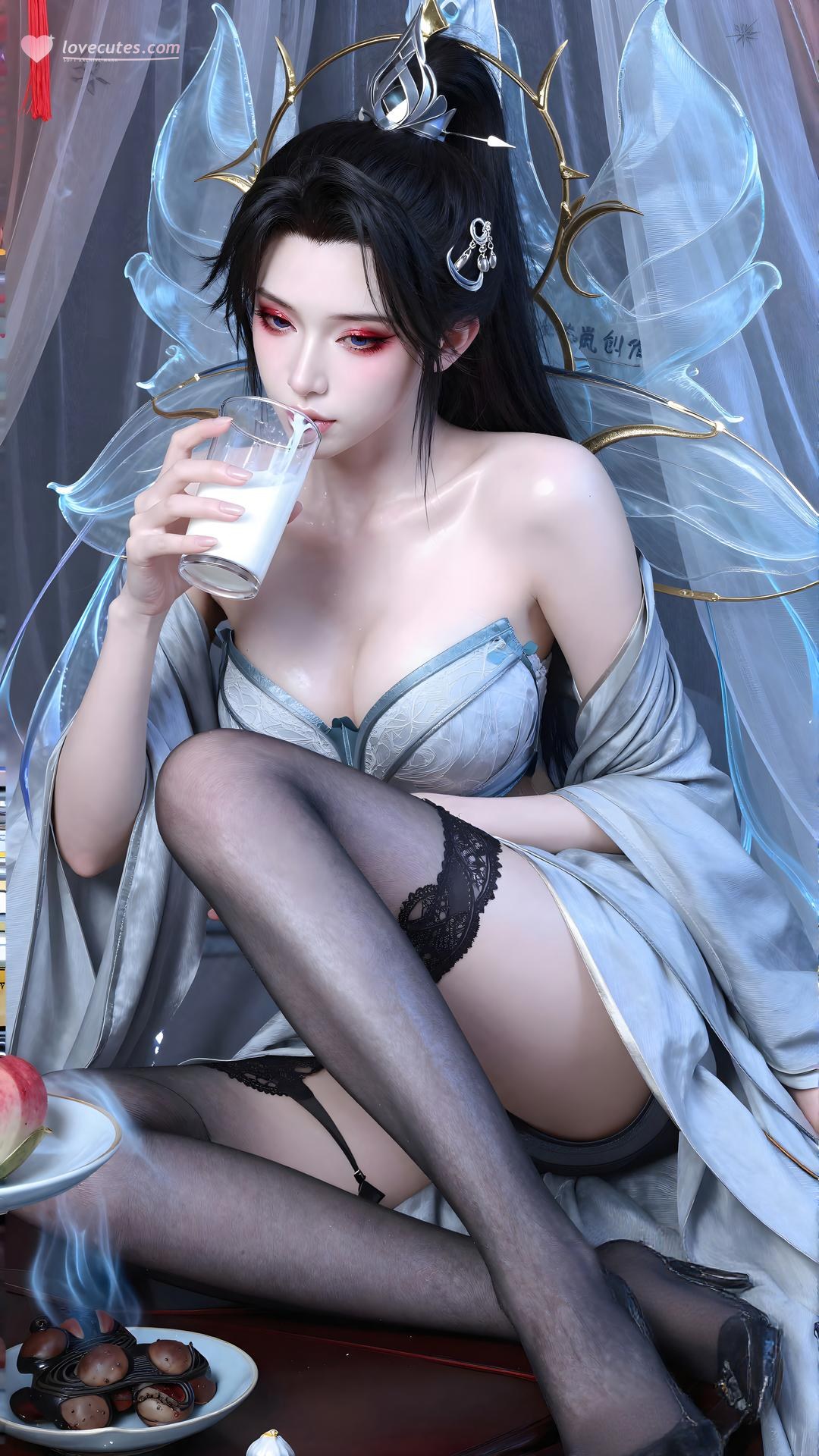 AI Generated Anime Girl - Qing Xianzi Blue Veil Black Stockings 59P