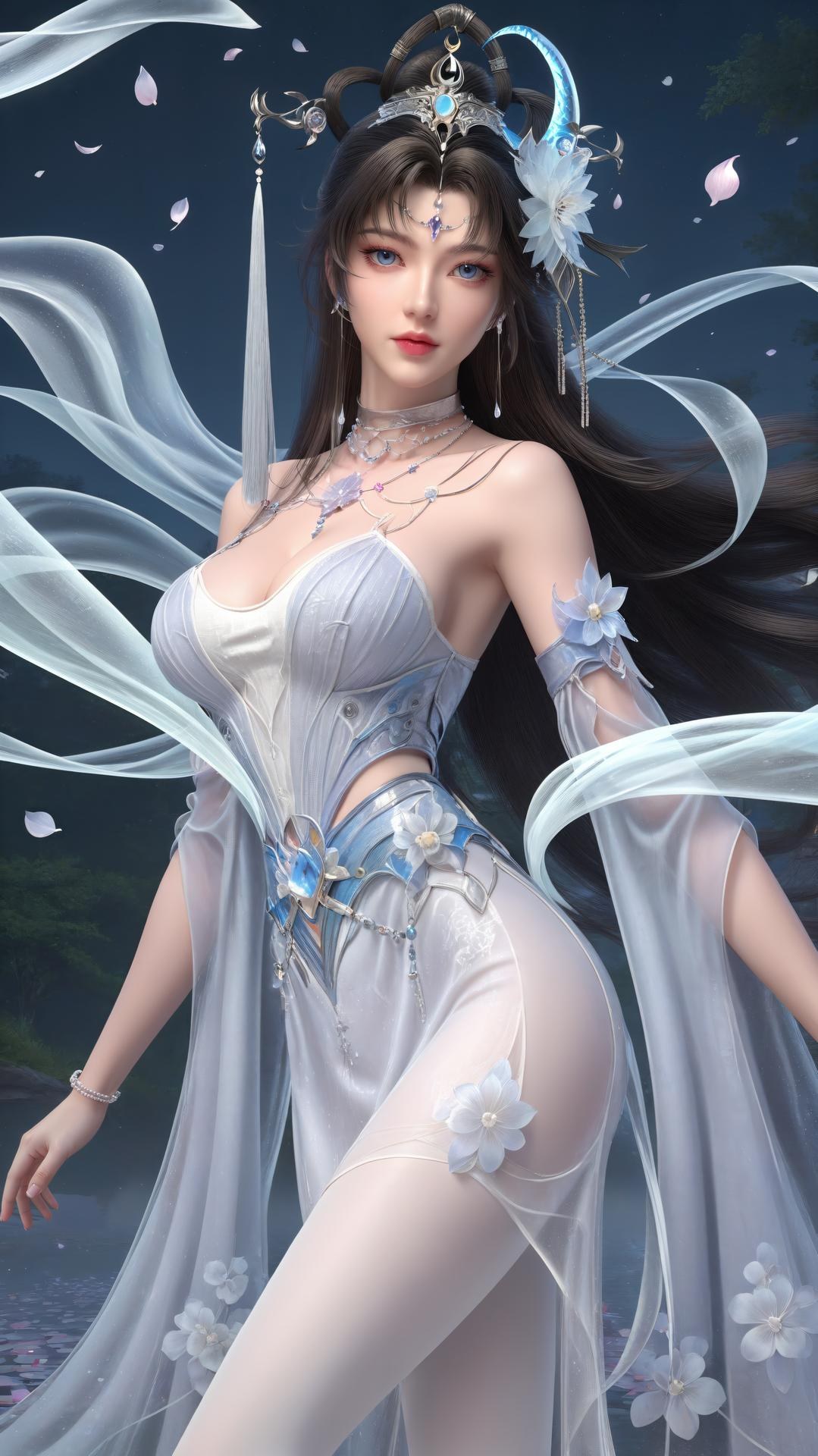 AI Generated Anime Girl - パーフェクトワールド邀月公主 白青仙女ドレス湖畔白スト画像集 上篇 250P