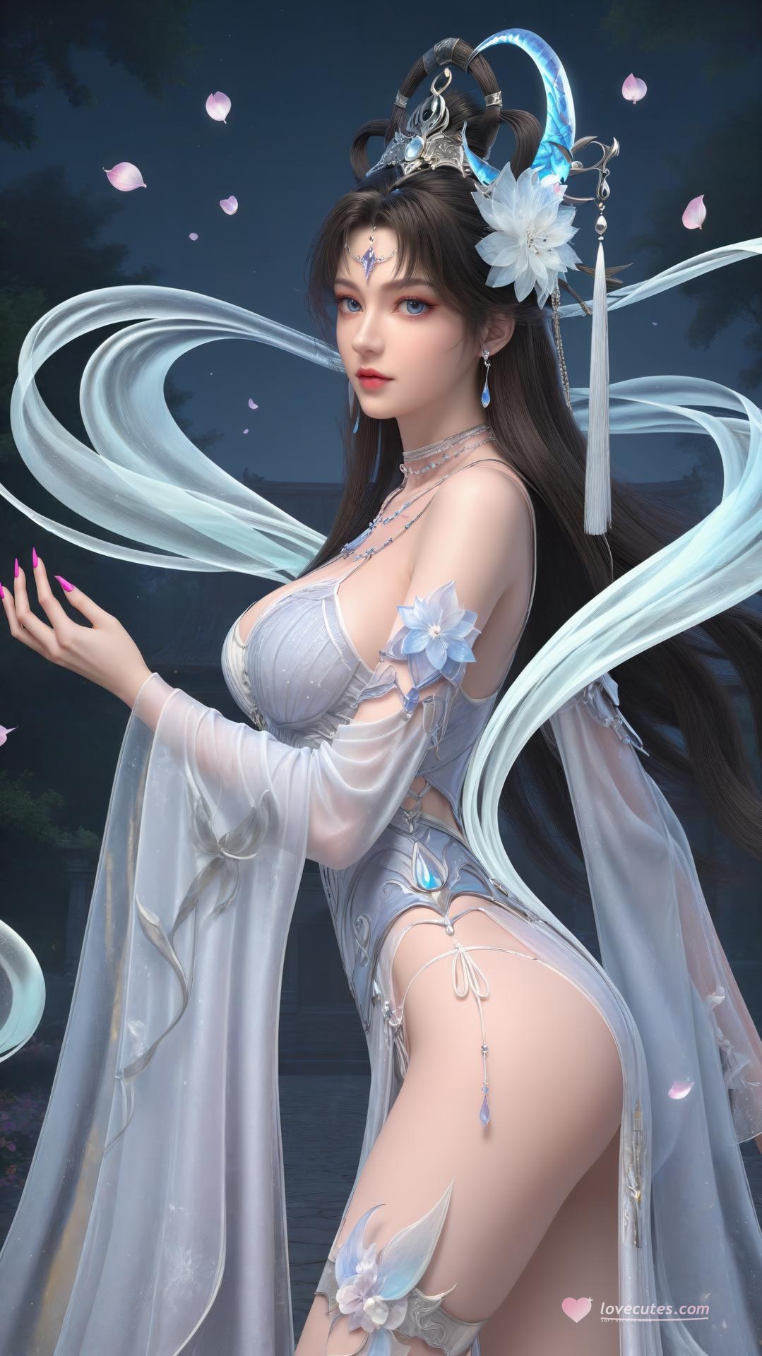 AI Generated Anime Girl - パーフェクトワールド邀月公主 白青仙女ドレス湖畔白スト画像集 上篇 250P