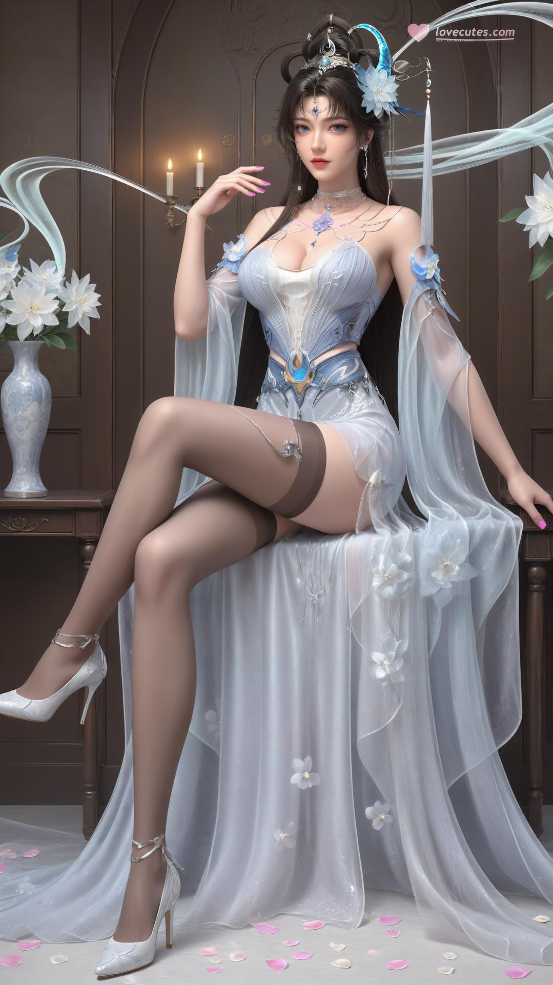 AI Generated Anime Girl - Perfect World Yaoyue Princess Blue-White Lakeside Stockings Gallery Vol. 1 250P