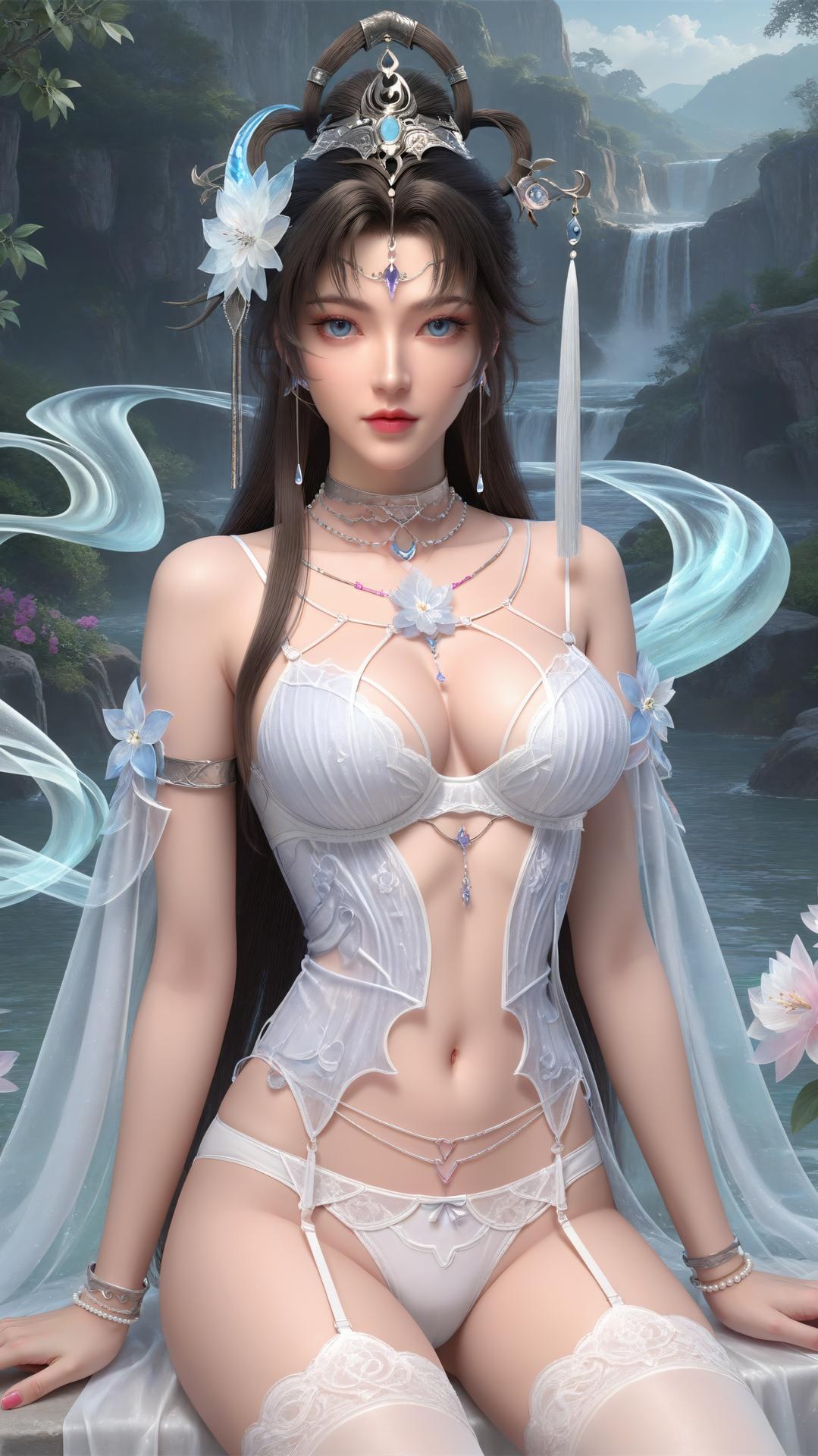 AI Generated Anime Girl - Perfect World Yaoyue Princess Blue-White Lakeside Stockings Gallery Vol. 1 250P
