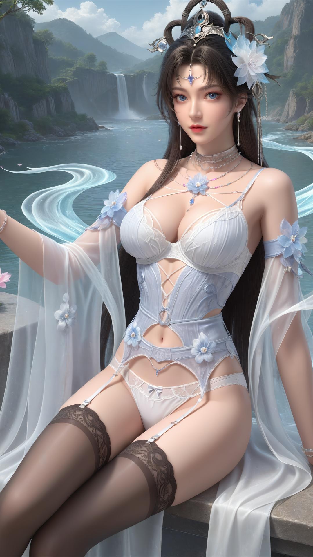 AI Generated Anime Girl - Công chúa Yaoyue Perfect World váy tiên trắng xanh bên hồ tất trắng phần đầu 250P