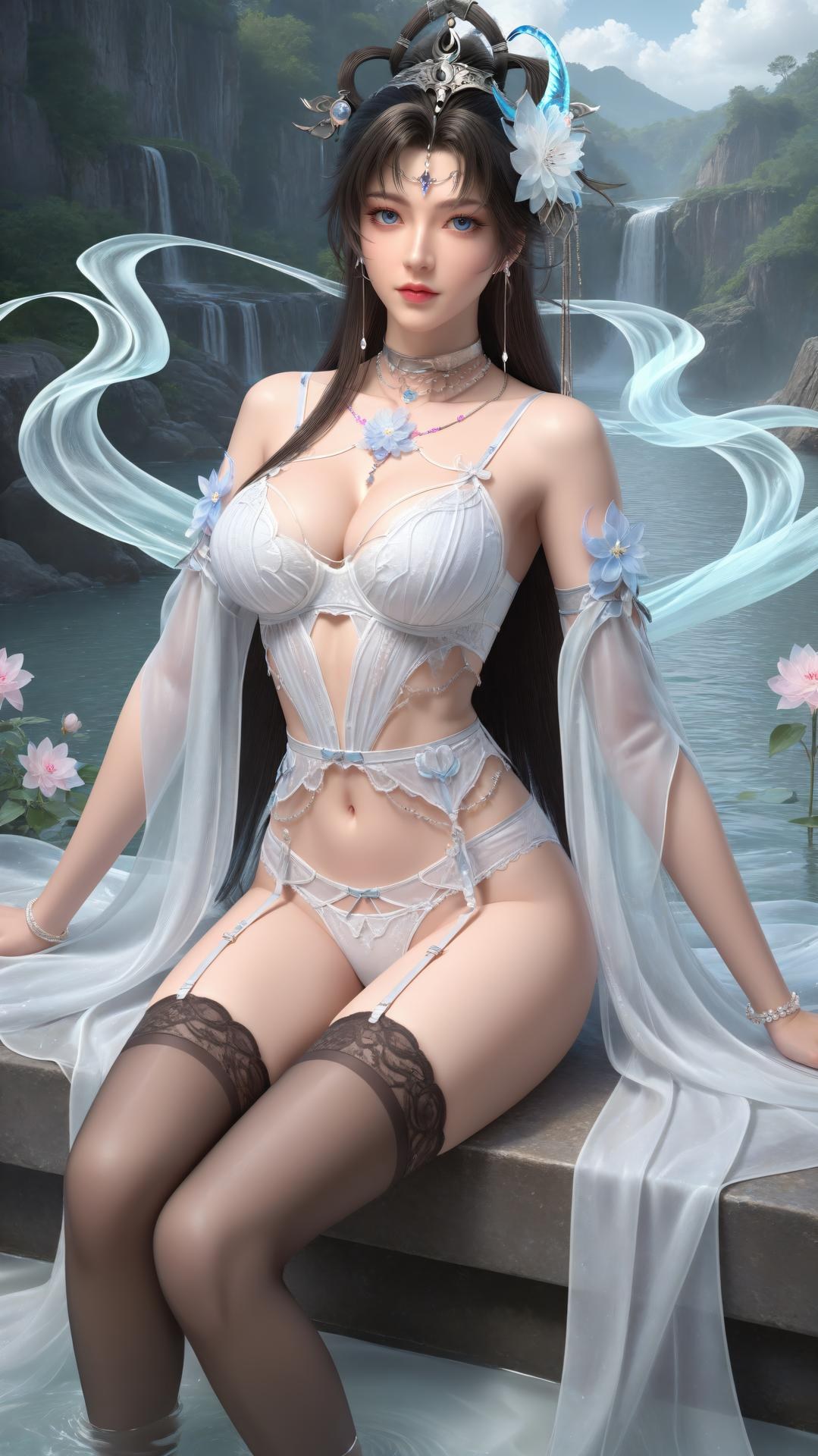 AI Generated Anime Girl - Công chúa Yaoyue Perfect World váy tiên trắng xanh bên hồ tất trắng phần đầu 250P