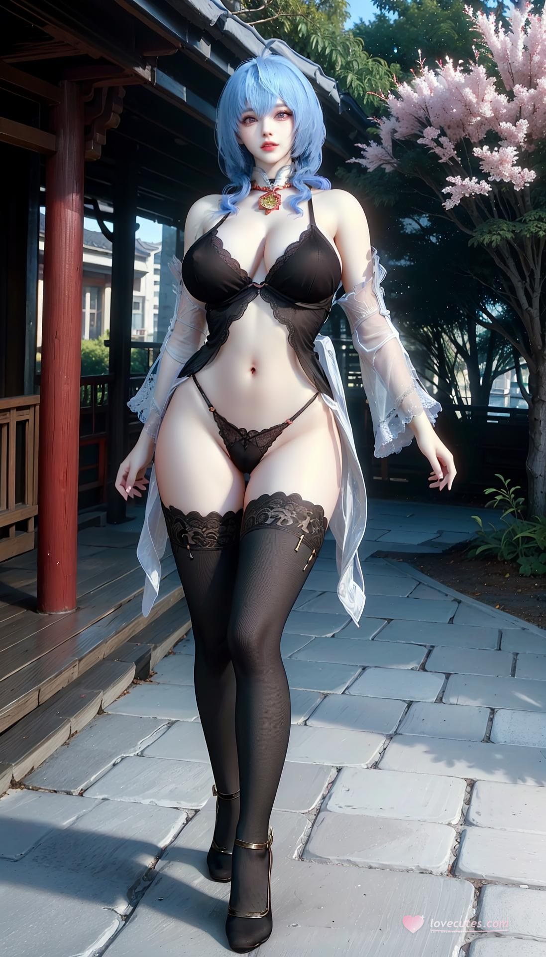 AI Generated Anime Girl - 原神 甘雨 黒レースランジェリー黒ストッキング画像集 147P