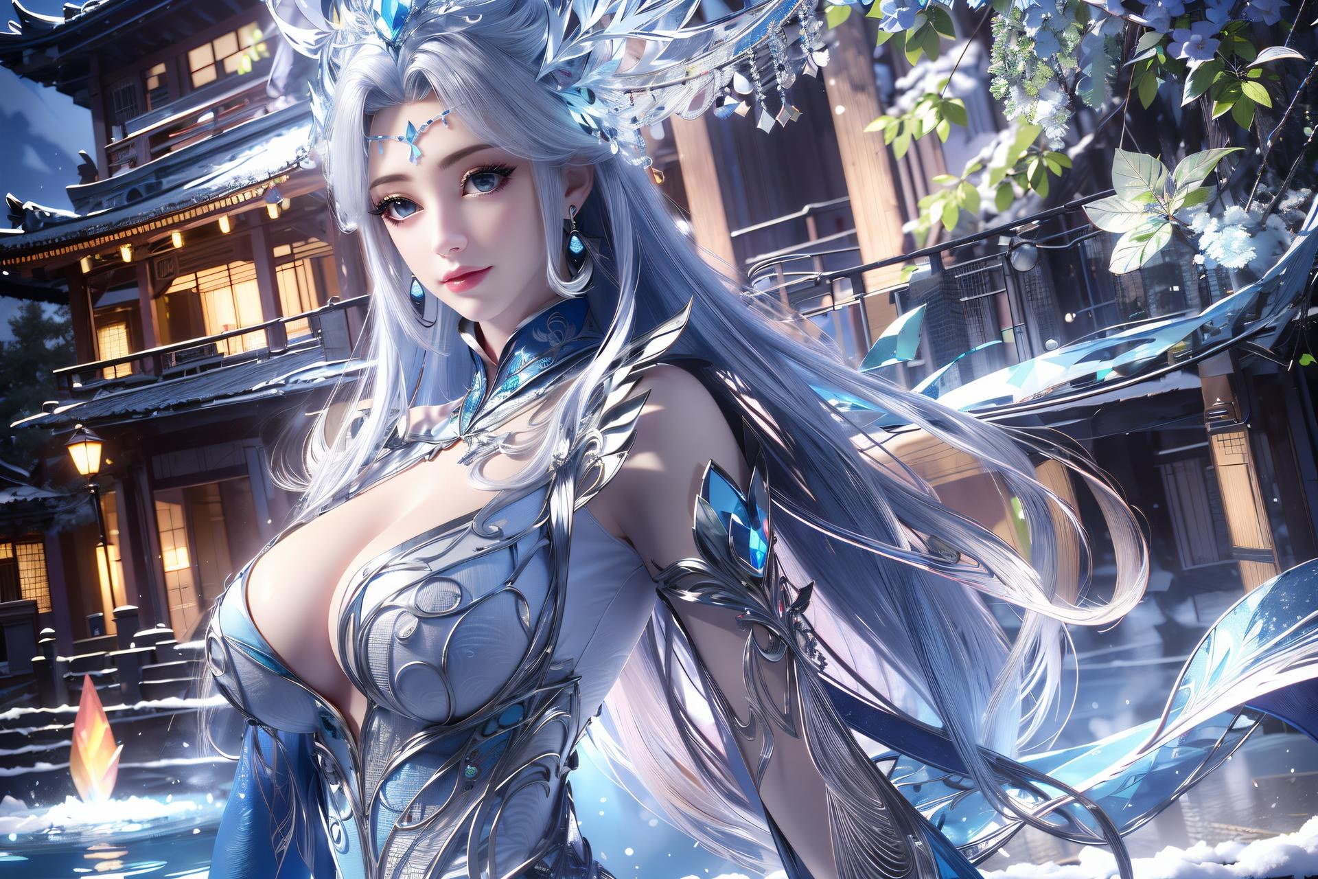 AI Nudes - 寧雨蝶：銀髮藍裙水景露穴寫真 75P