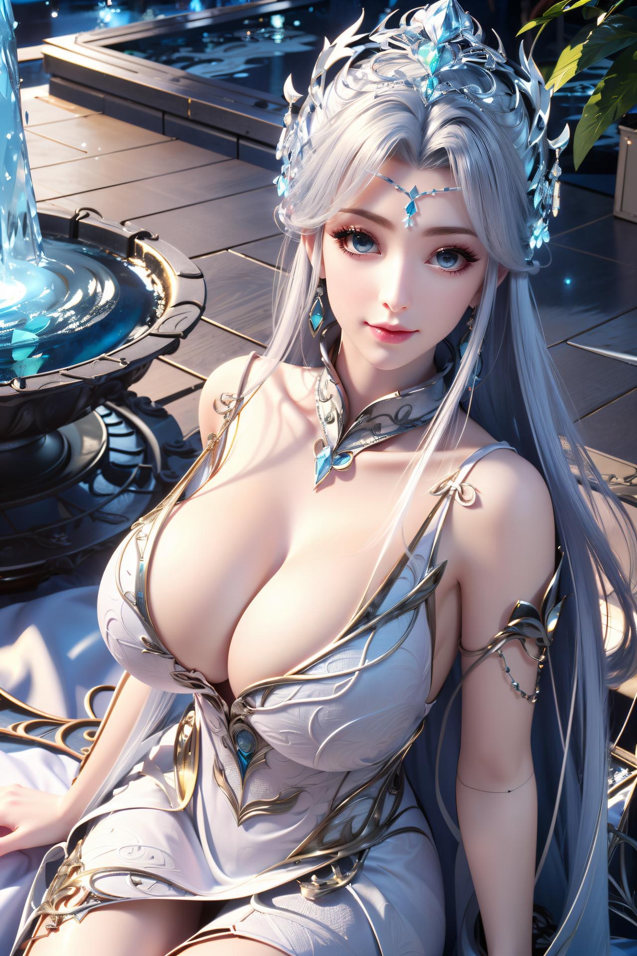AI Nudes - 寧雨蝶：銀髮藍裙水景露穴寫真 75P