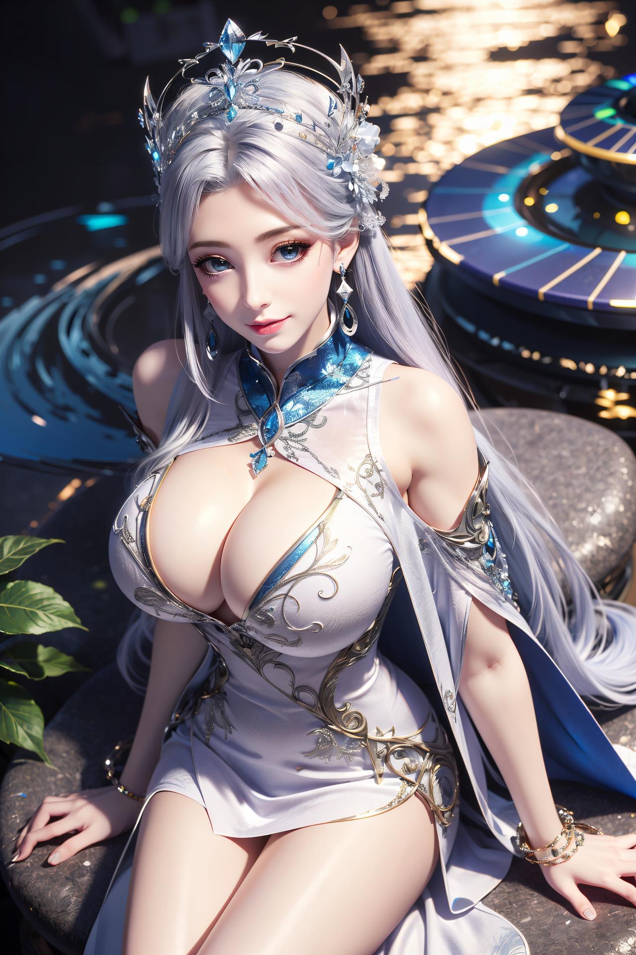 AI Nudes - 寧雨蝶：銀髮藍裙水景露穴寫真 75P