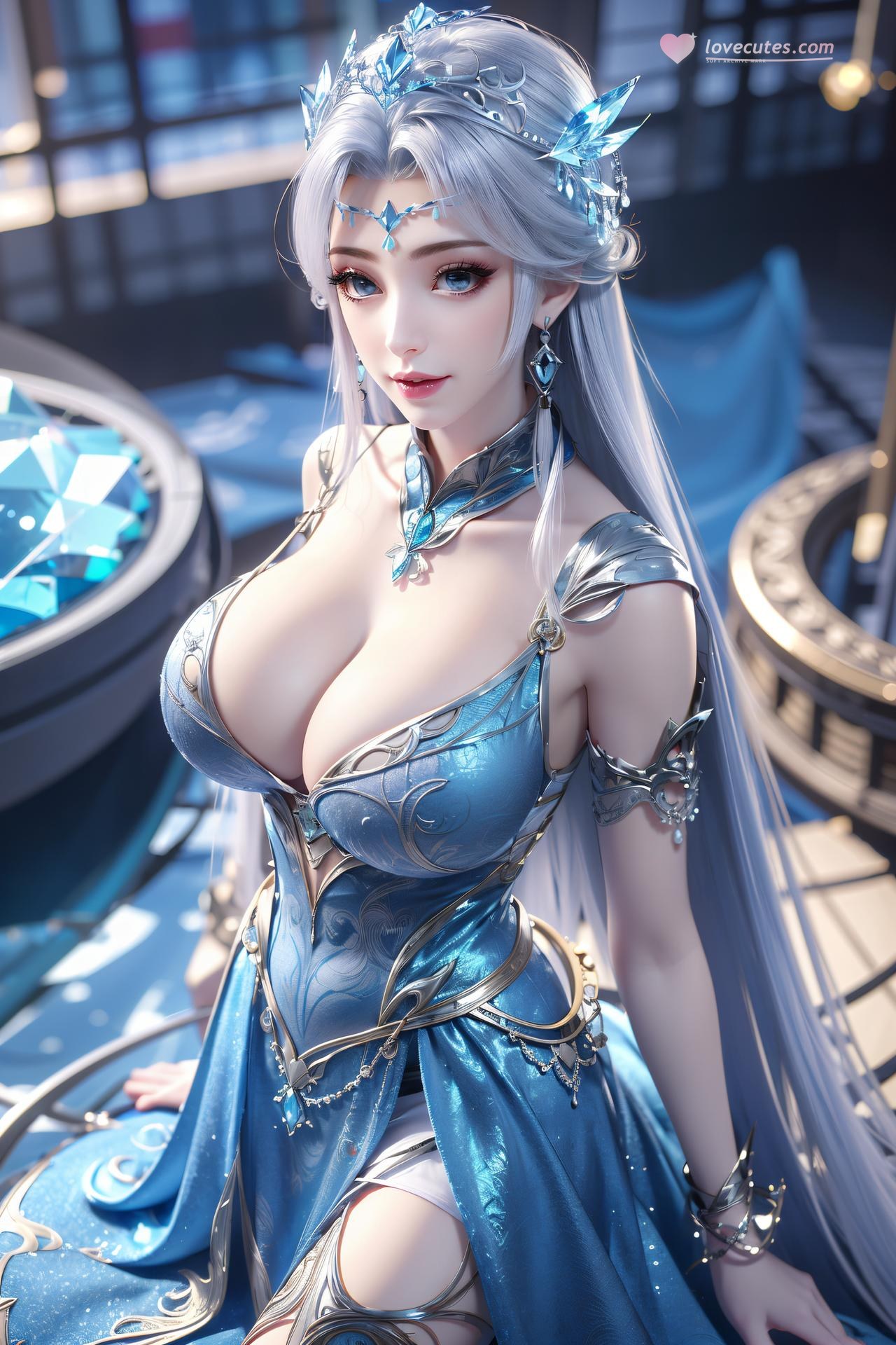 AI Nudes - 寧雨蝶：銀髮藍裙水景露穴寫真 75P