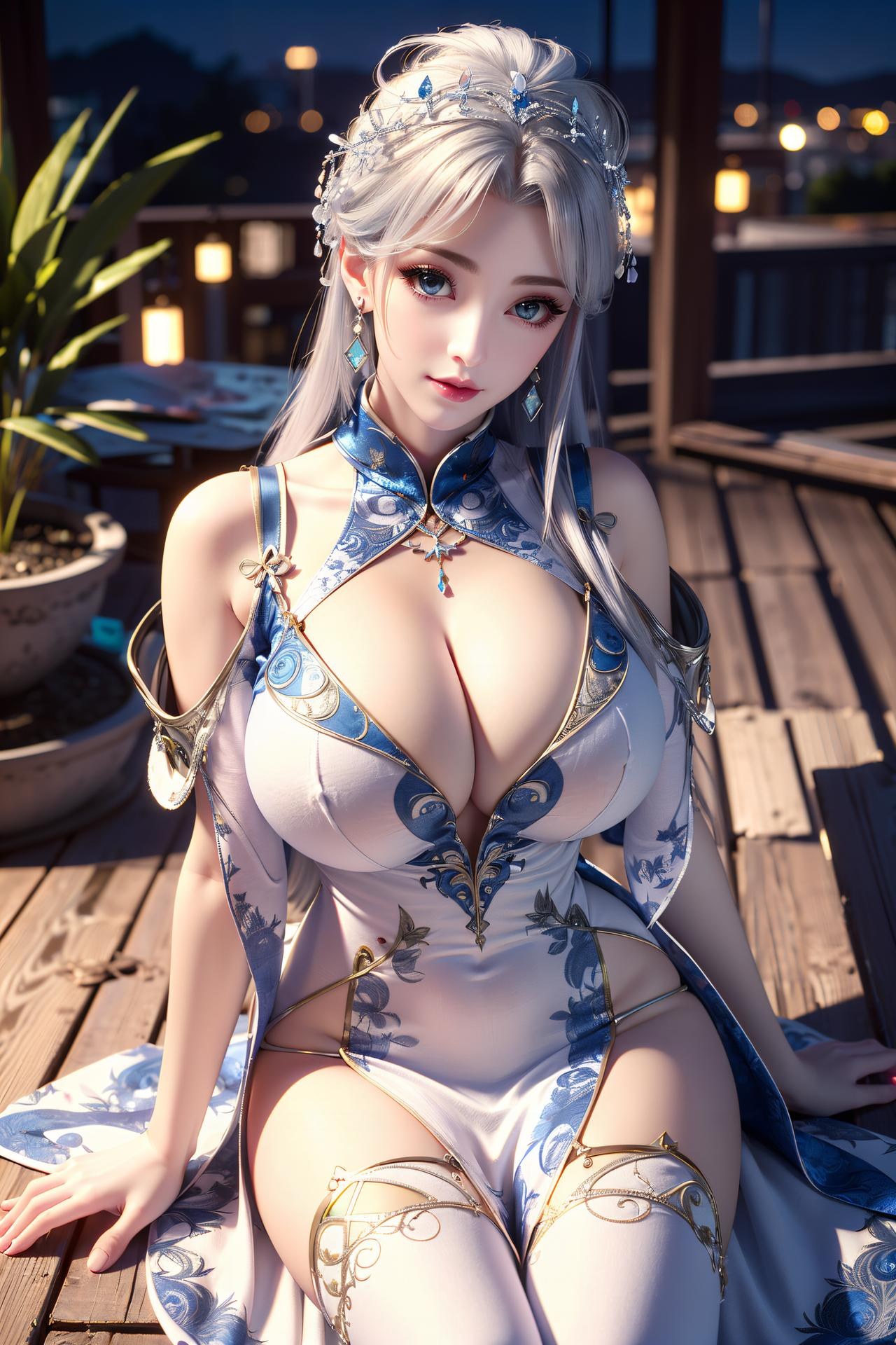 AI Nudes - 寧雨蝶：銀髮藍裙水景露穴寫真 75P