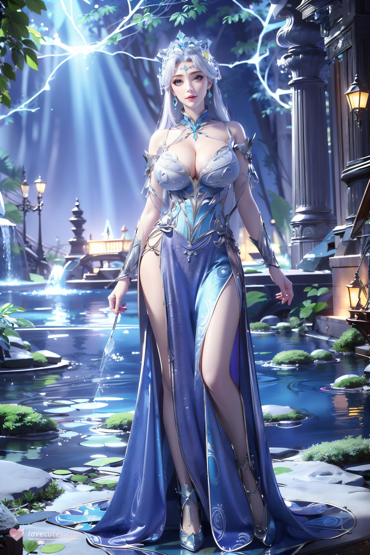 AI Nudes - Ninh Vũ Điệp tóc bạc váy xanh thủy cảnh 75P
